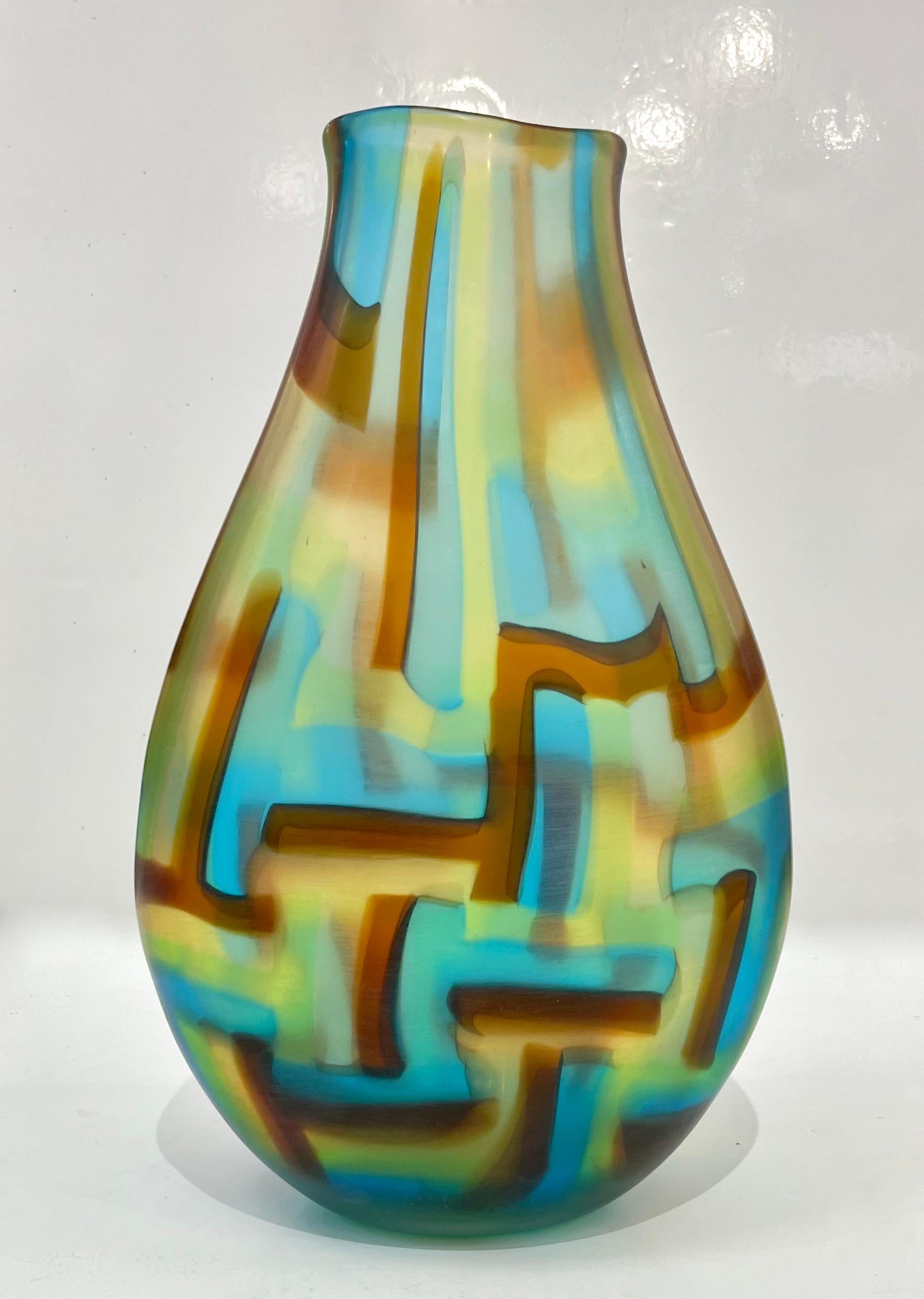 Afro Celotto Early 2000s Italian Turquoise Yellow Green Amber Murano Glass Vase For Sale 3