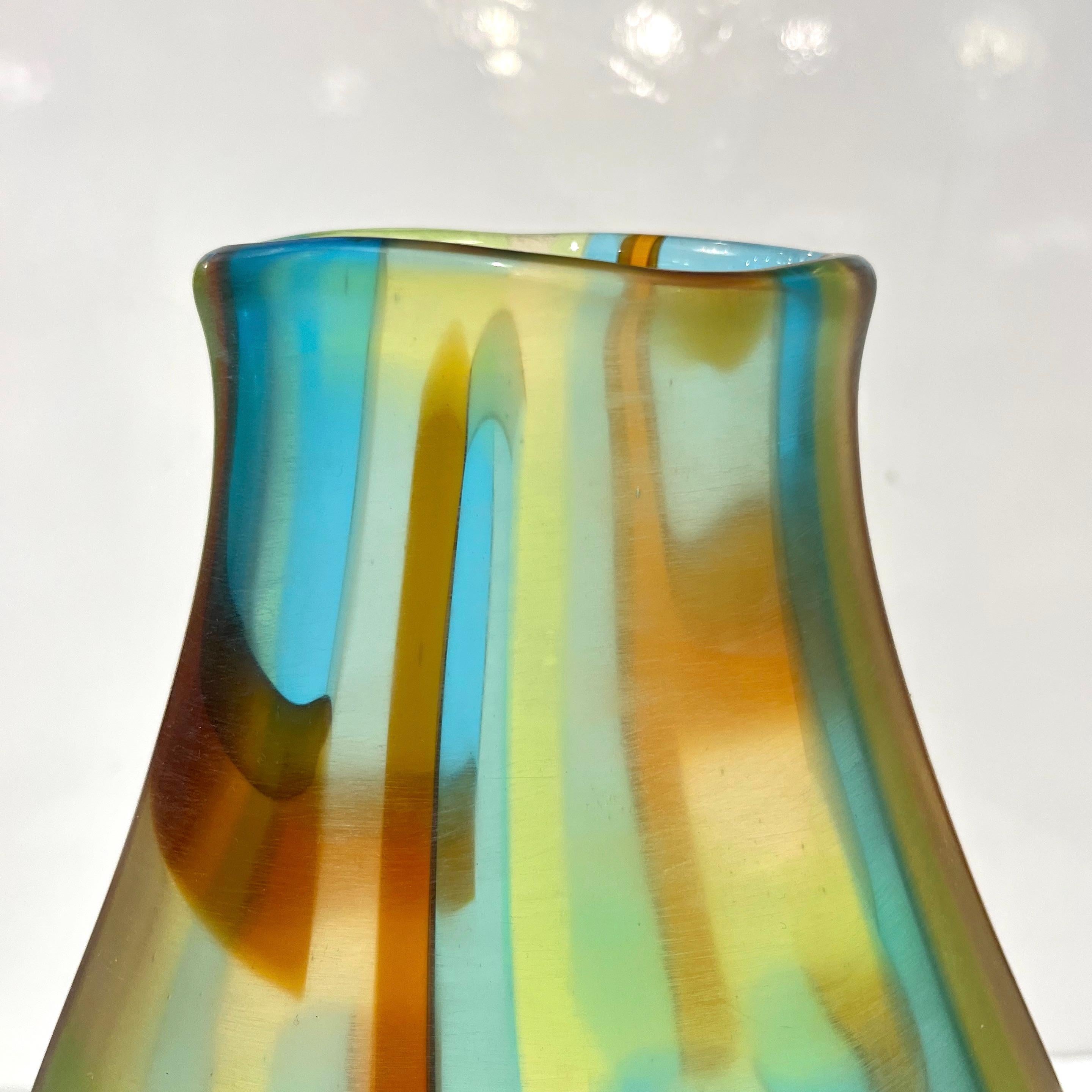Afro Celotto Early 2000s Italian Turquoise Yellow Green Amber Murano Glass Vase For Sale 4
