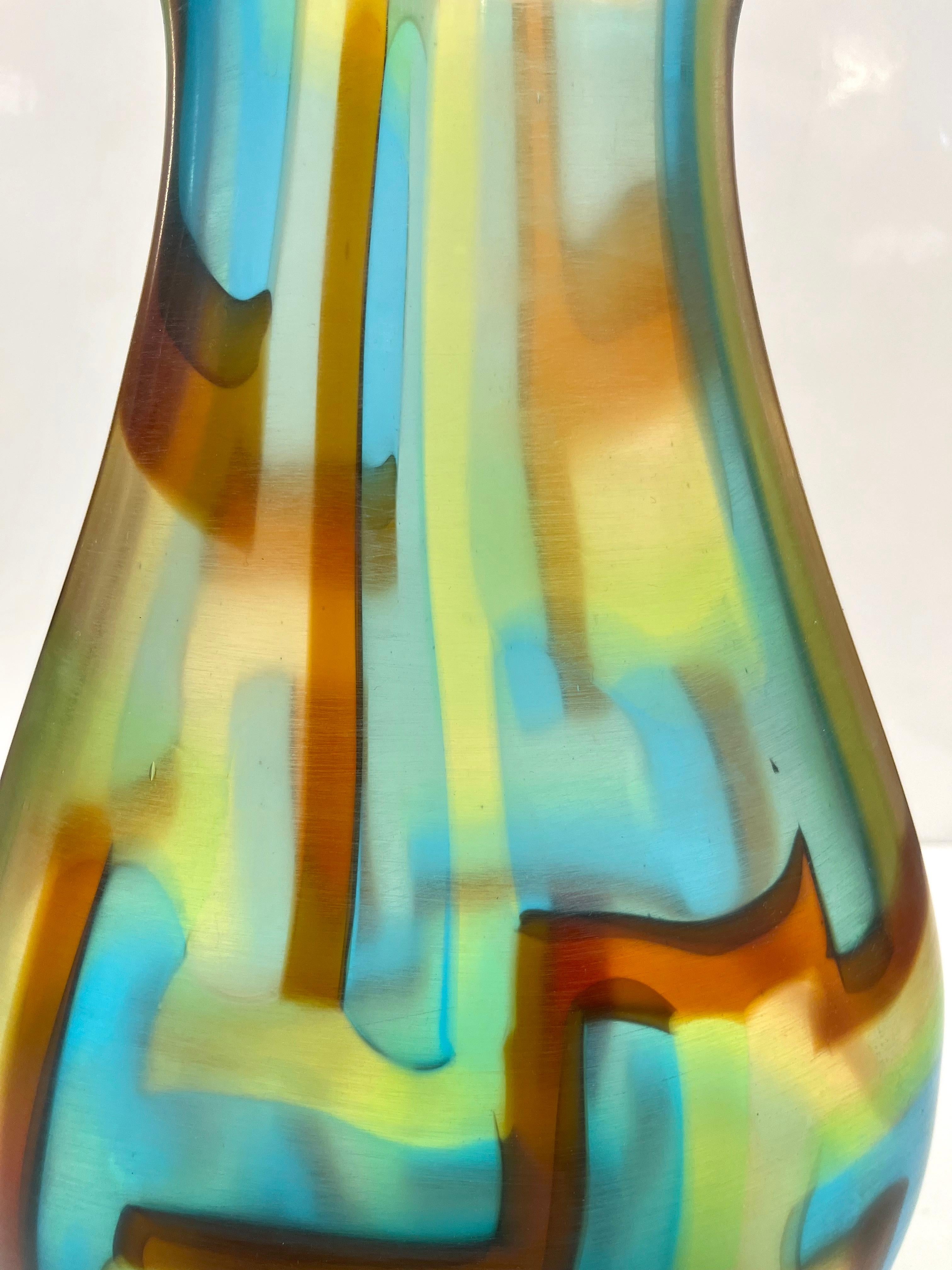 Afro Celotto Early 2000s Italian Turquoise Yellow Green Amber Murano Glass Vase For Sale 5