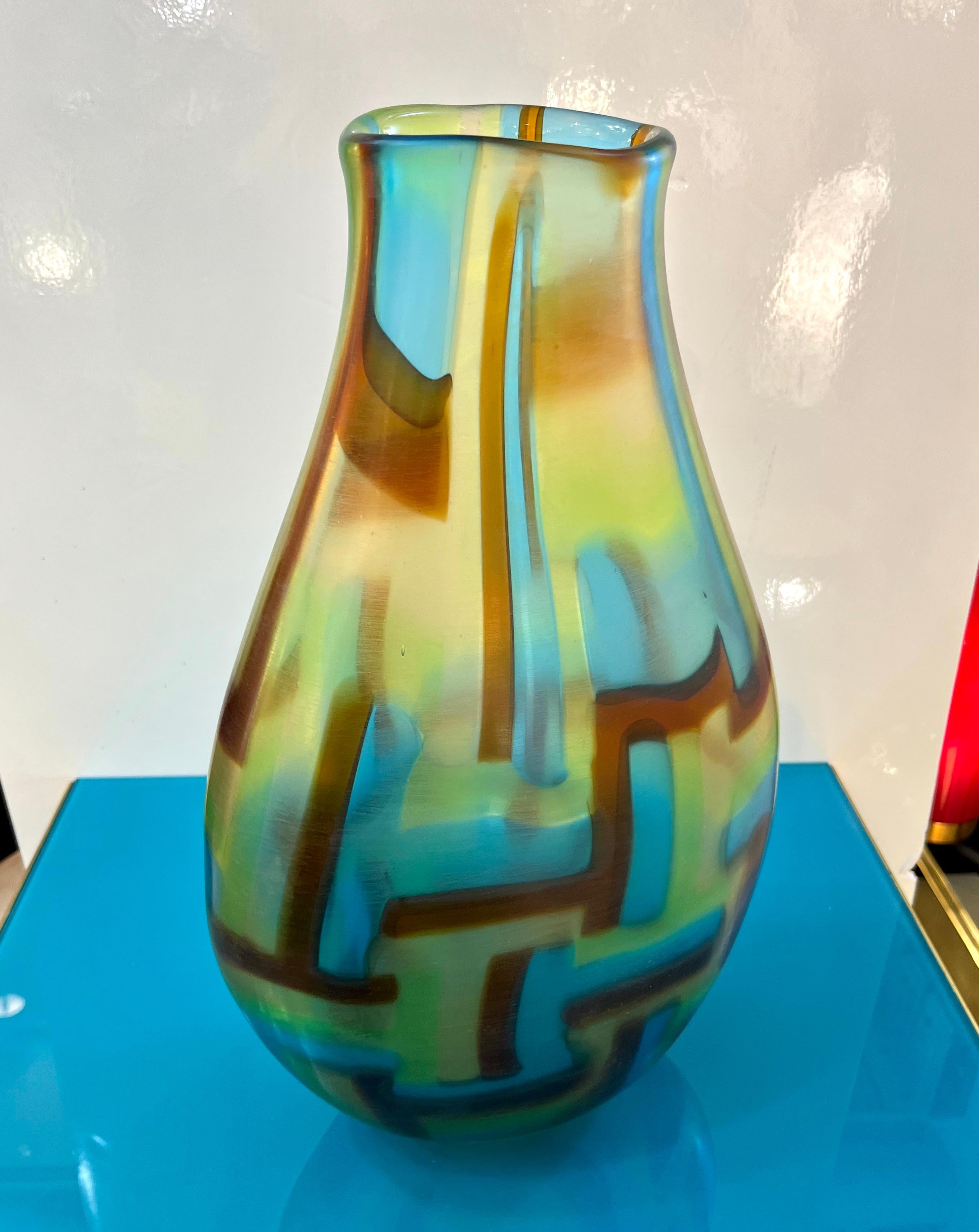 Afro Celotto Frühe 2000er Jahre Italienisch Türkis Gelb Grün Bernstein Murano Glas Vase im Angebot 8