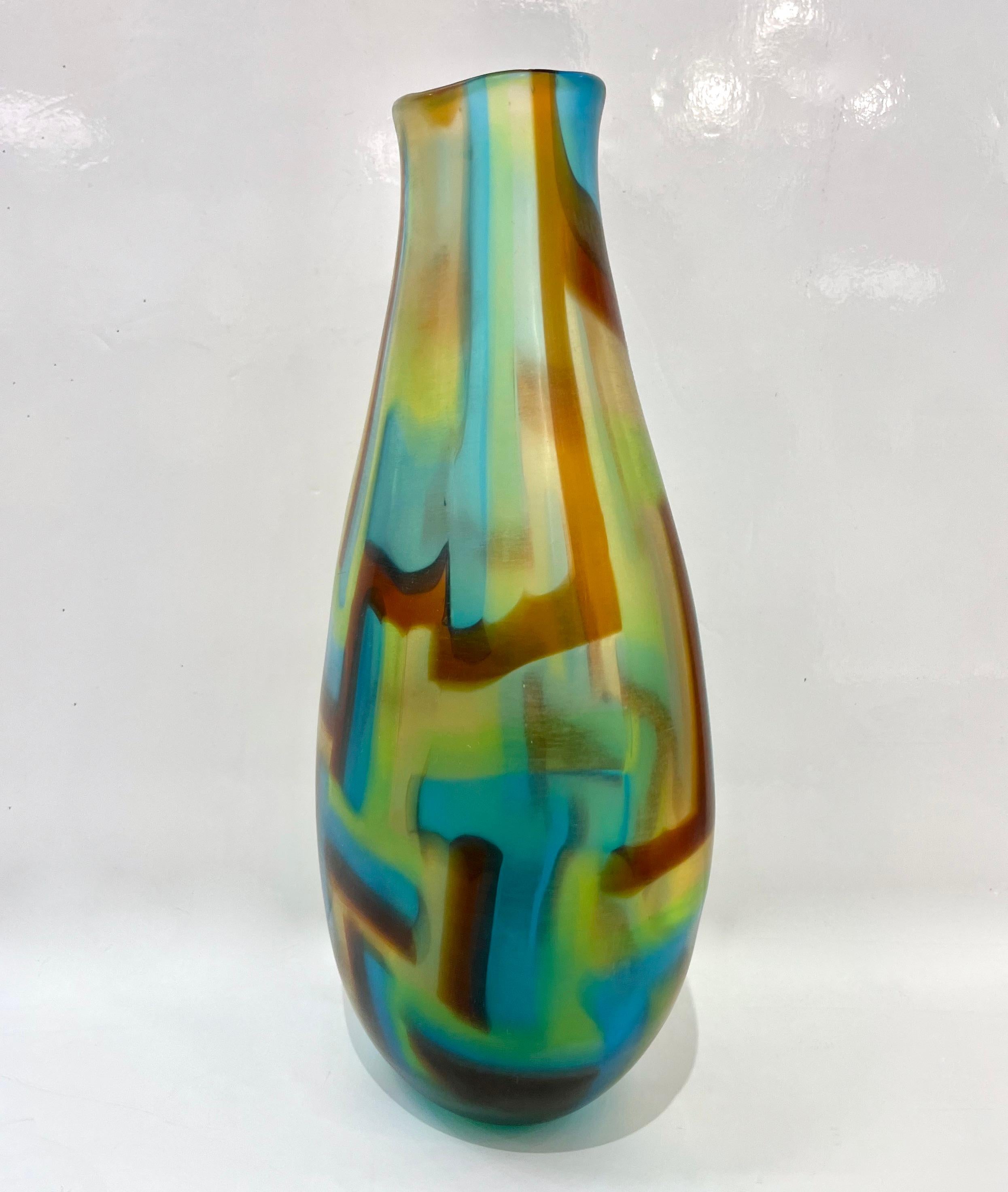 Afro Celotto Frühe 2000er Jahre Italienisch Türkis Gelb Grün Bernstein Murano Glas Vase (Organische Moderne) im Angebot