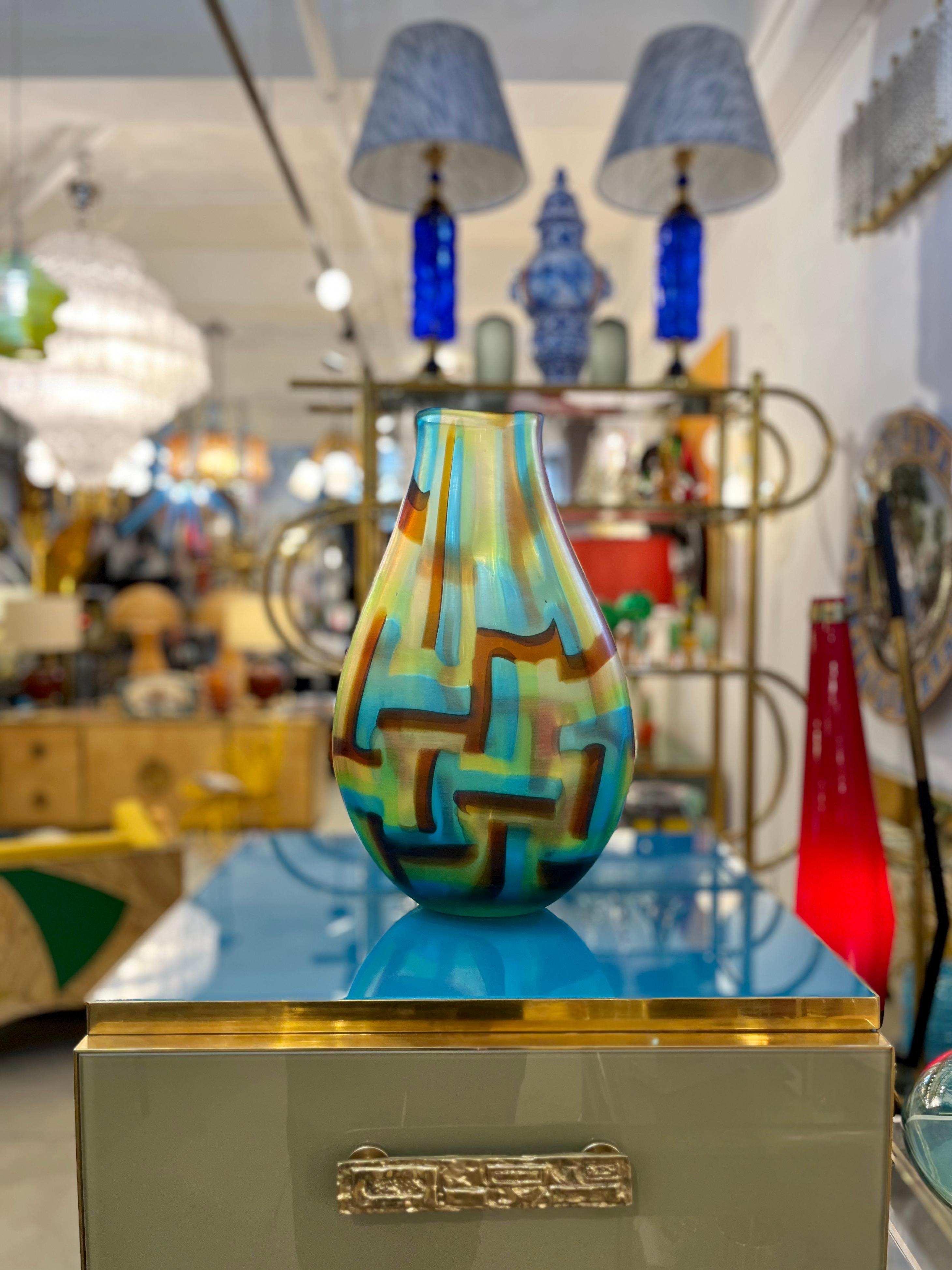 Afro Celotto Frühe 2000er Jahre Italienisch Türkis Gelb Grün Bernstein Murano Glas Vase (Radiert) im Angebot