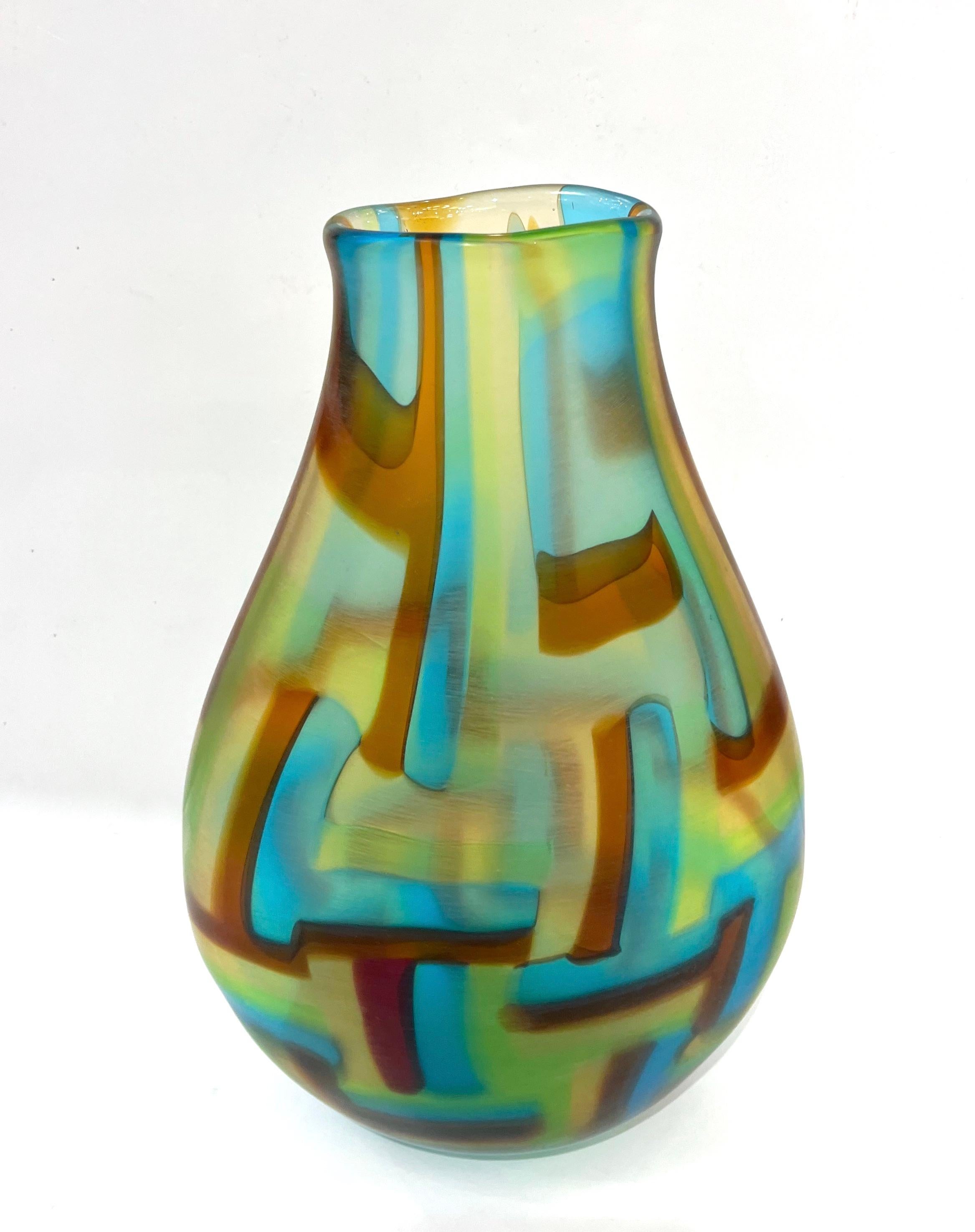 Contemporary Afro Celotto Early 2000s Italian Turquoise Yellow Green Amber Murano Glass Vase For Sale
