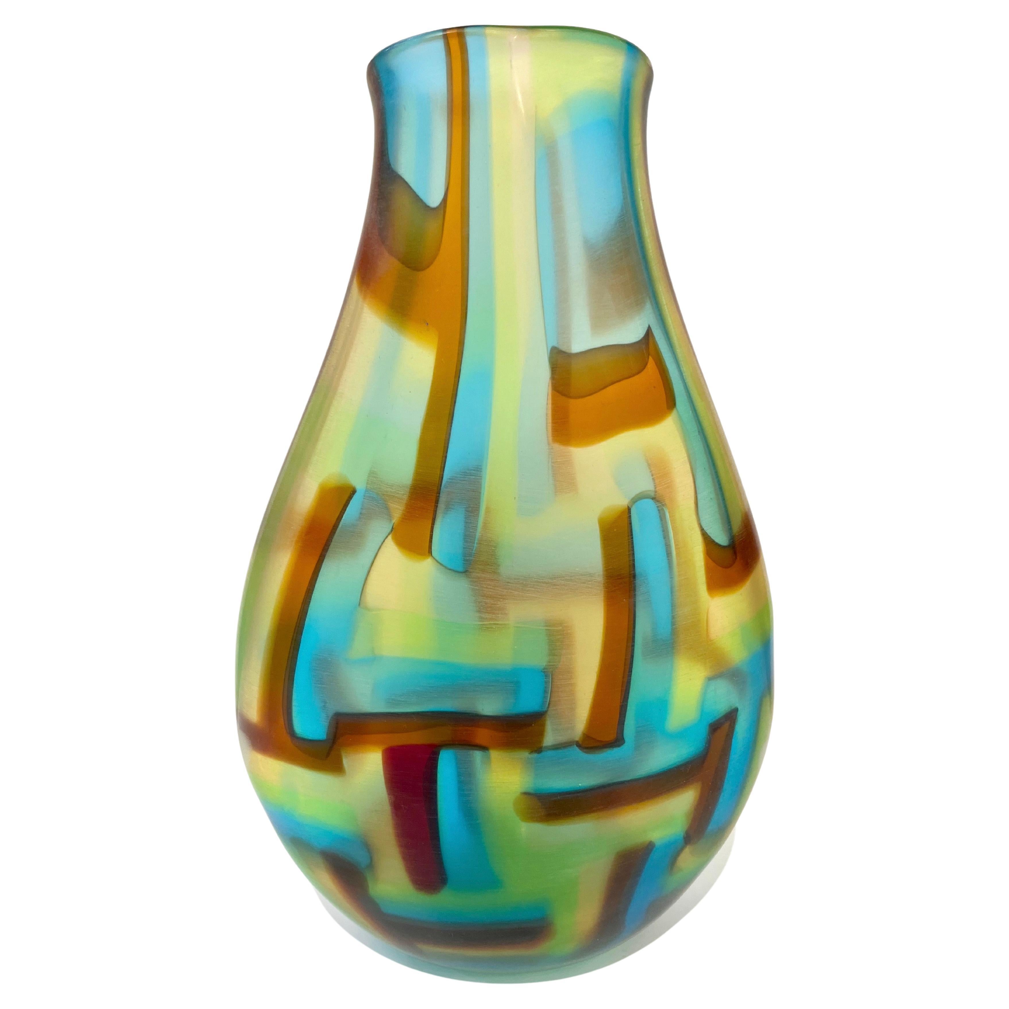 Afro Celotto Early 2000s Italian Turquoise Yellow Green Amber Murano Glass Vase For Sale