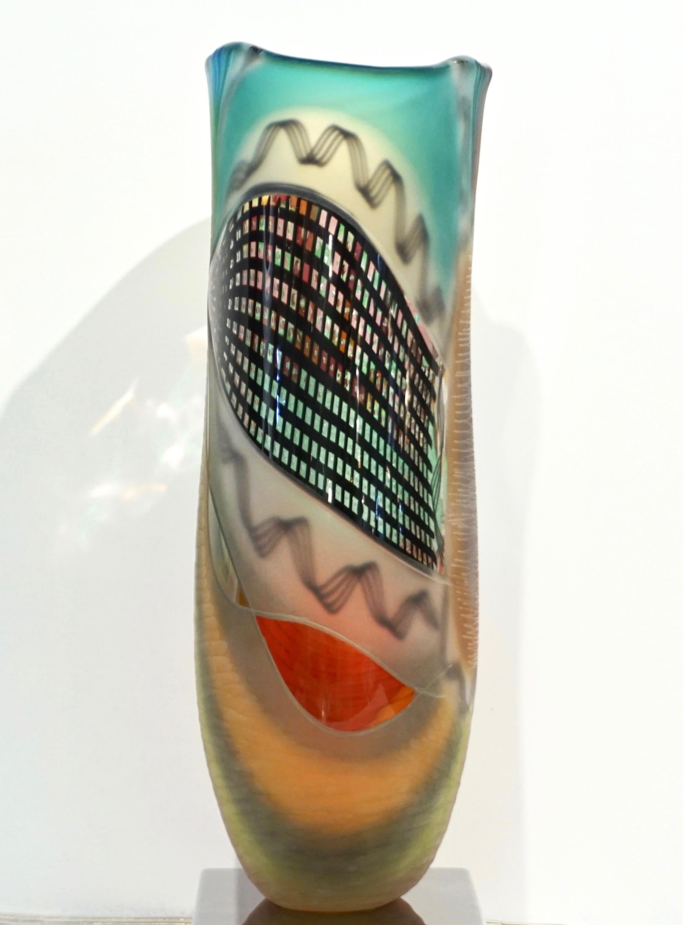 Contemporary Afro Celotto Early 2000s Italian Turquoise Yellow Red Orange Murano Glass Vase
