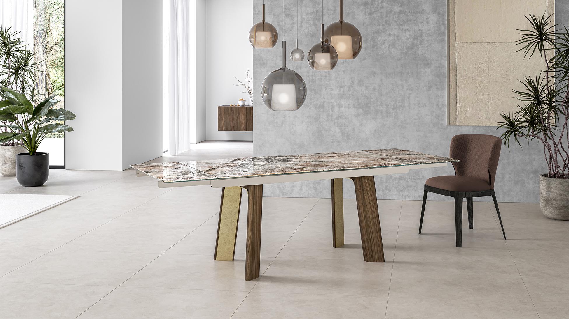 Afrodite Allungabile Dining Table by Chinellato Design
Dimensions: W 200 x D 100 x H 81.6 cm 
Extendable + 40 / + 40 cm
Materials: 
Top: Glossy Ceramic Moutain Peak, under top: Extra Clear Tempered Glass, binario track: Aluminum Bronzino 25
Base: