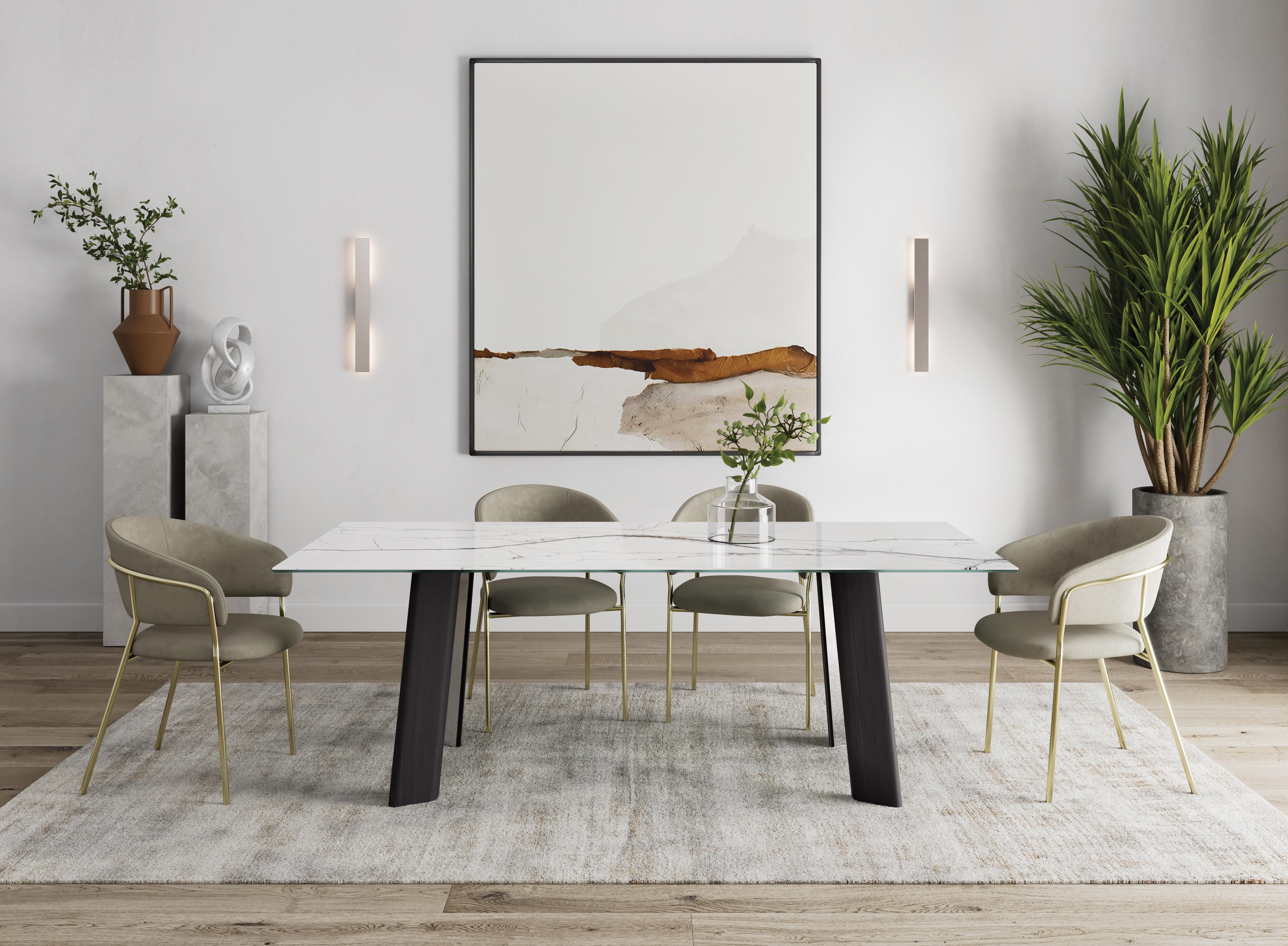 Afrodite Dining Table by Chinellato Design
Dimensions: W 250 x D 120 x H 72 cm
Materials: Top: Glossy Ceramic Breach White with an extra clear tempered glass under-top.
Base: Smoked Gray Oak, Chabin silver leaf insert.  


The base features an MDF