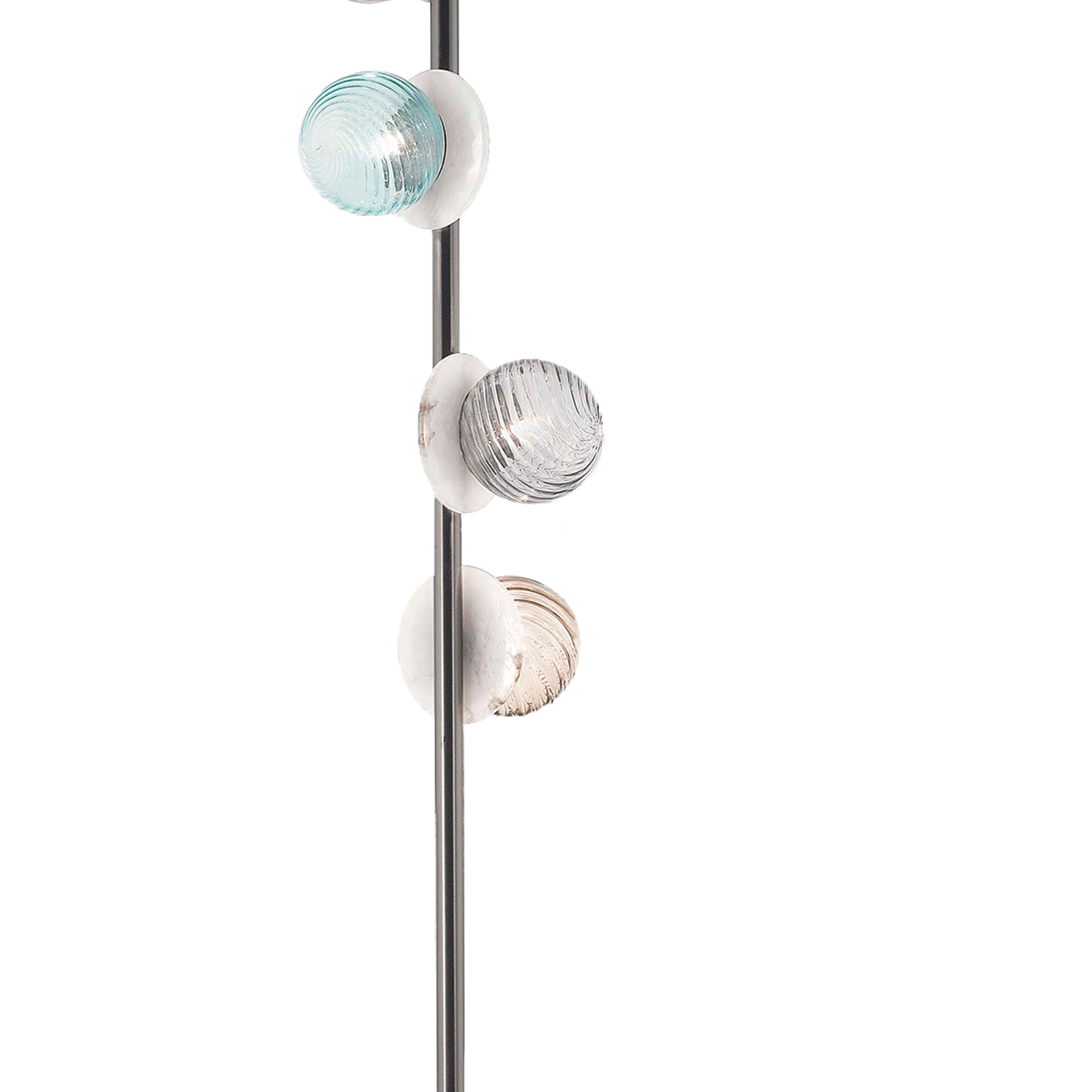 Afrodite table lamp by Alabastro Italiano
Dimensions: D 40 x H 170 cm
Materials: Italian white Alabaster, Italian iron, shiny silver, Fumè murano glass 
Other finishes available.
Light Source 1 x G9 LED 4 Watt, Tot. 420 Lumen, 3000 k, 220