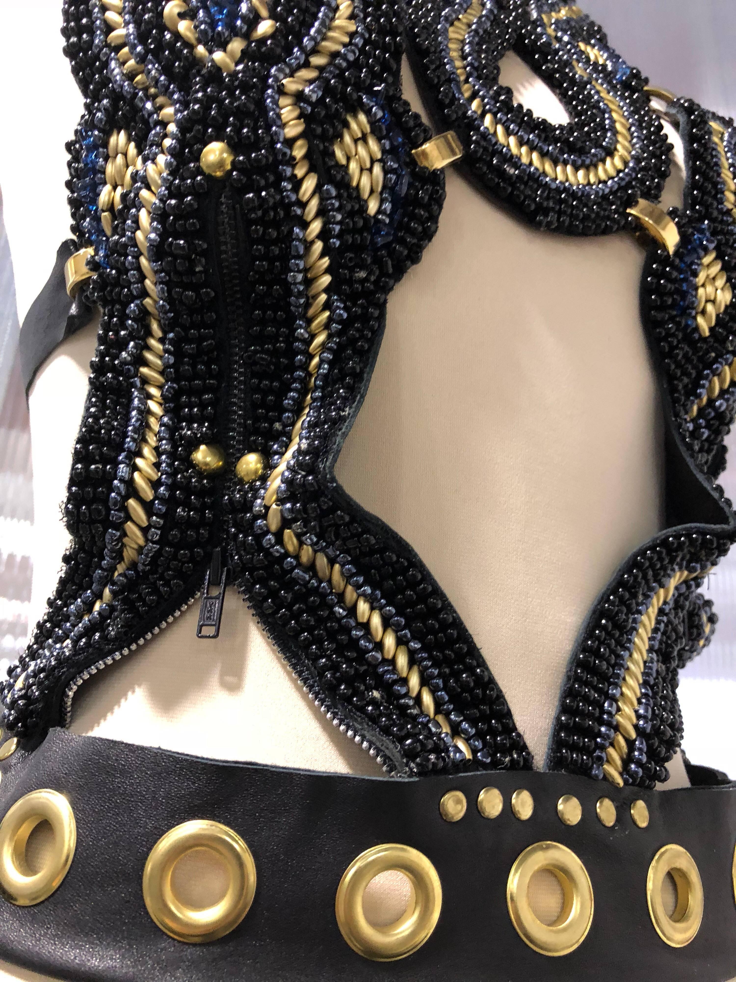 AfroPunk Black Leather & Beaded Harness W/ Gold Studded Hardware & Buckles In Excellent Condition In Gresham, OR