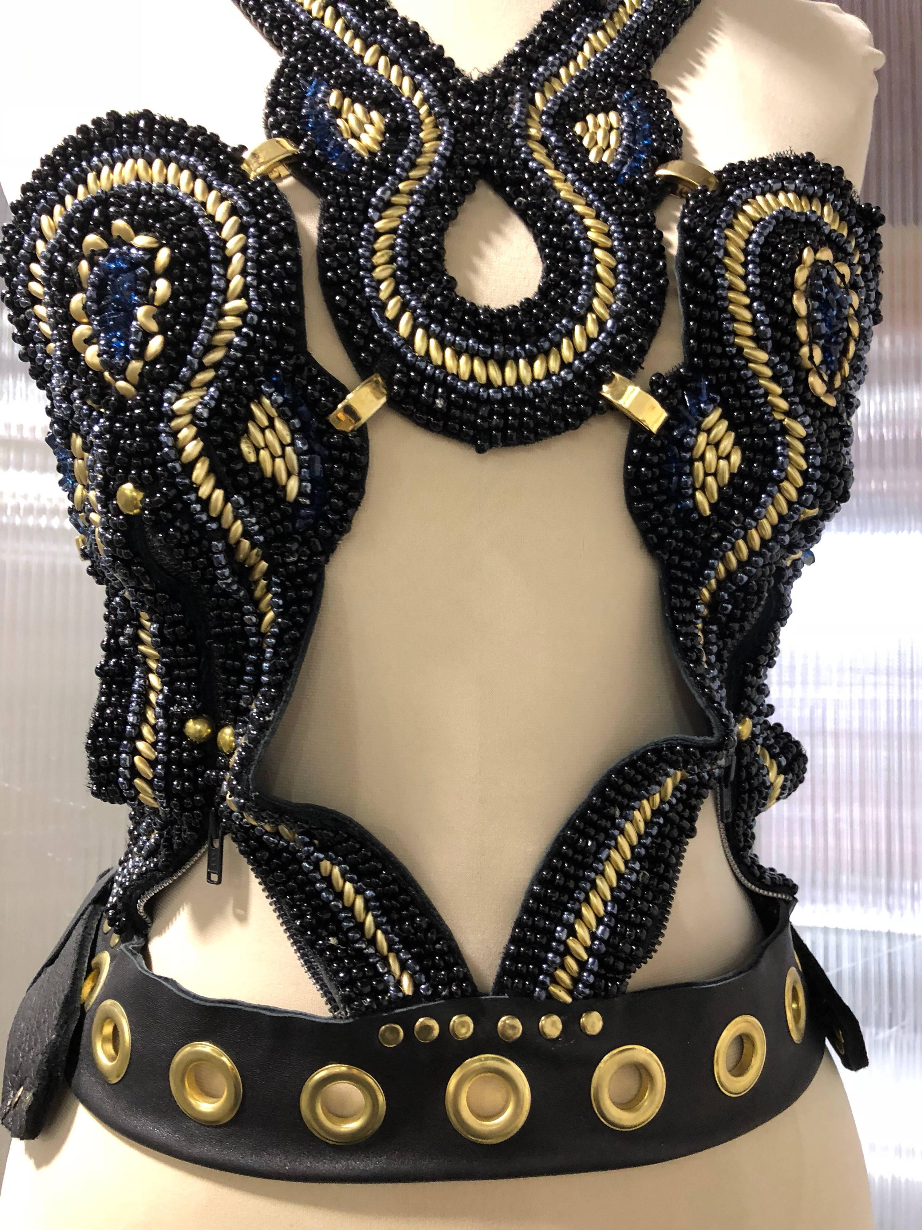 Women's AfroPunk Black Leather & Beaded Harness W/ Gold Studded Hardware & Buckles