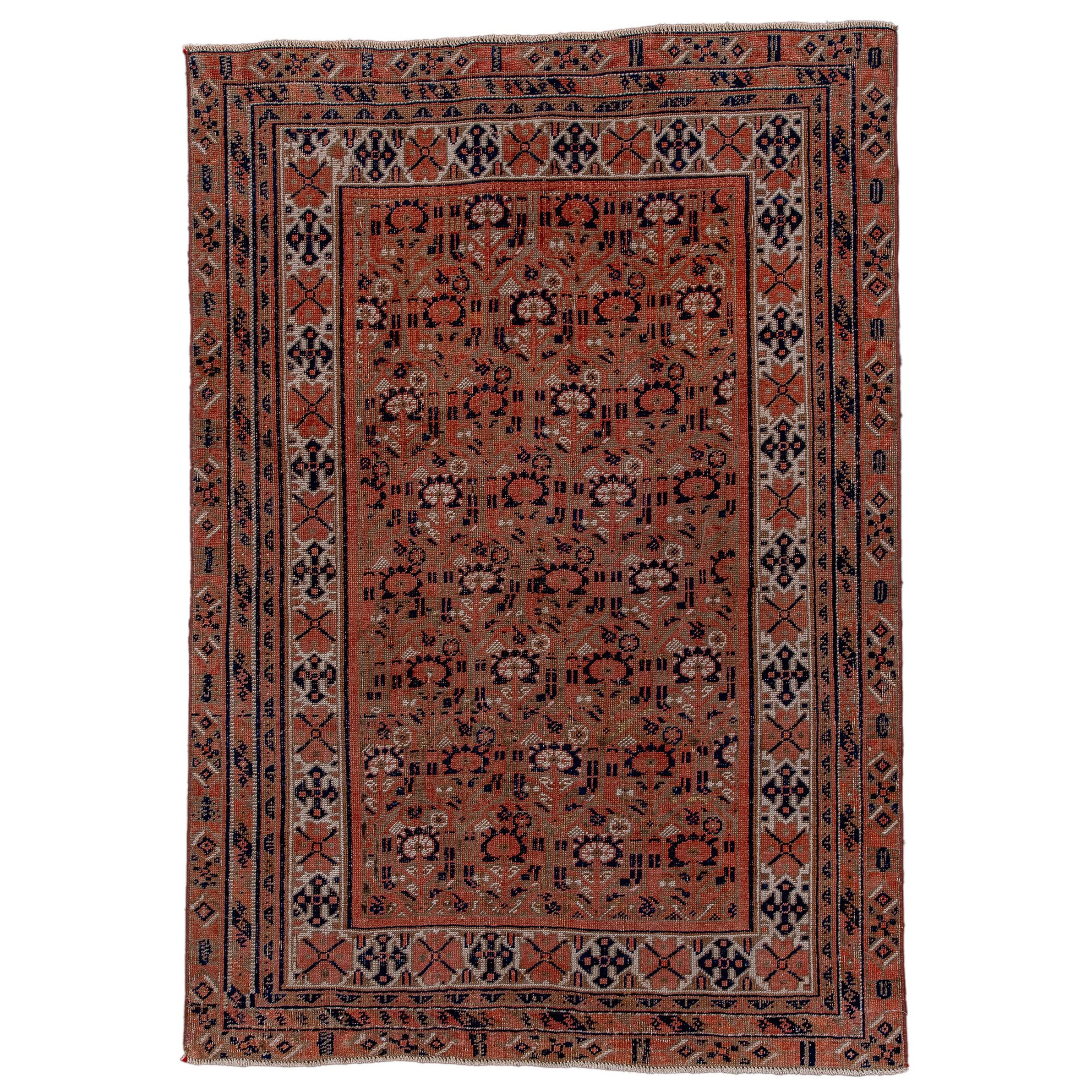 Alfombra antigua Afshar con campo marrón oscuro e hileras de flores en venta