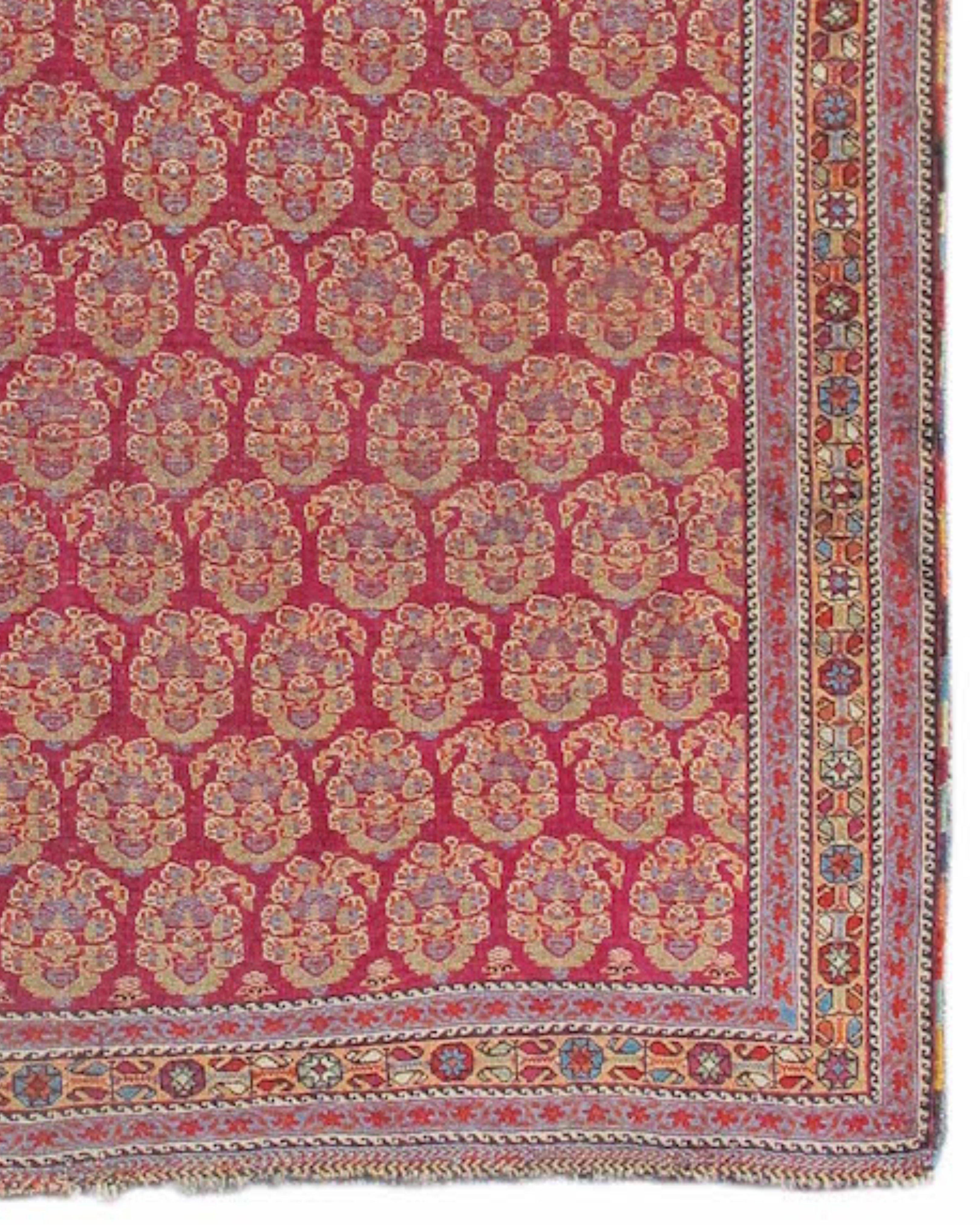 Afshar Rug 17463, 19th century

Exuding elegance, this finest of Afshar rugs is woven with symmetrical knots and a delicateness that approaches petit point. Afshar pile weaving was greatly inspired by the textile traditions of Persia, particularly