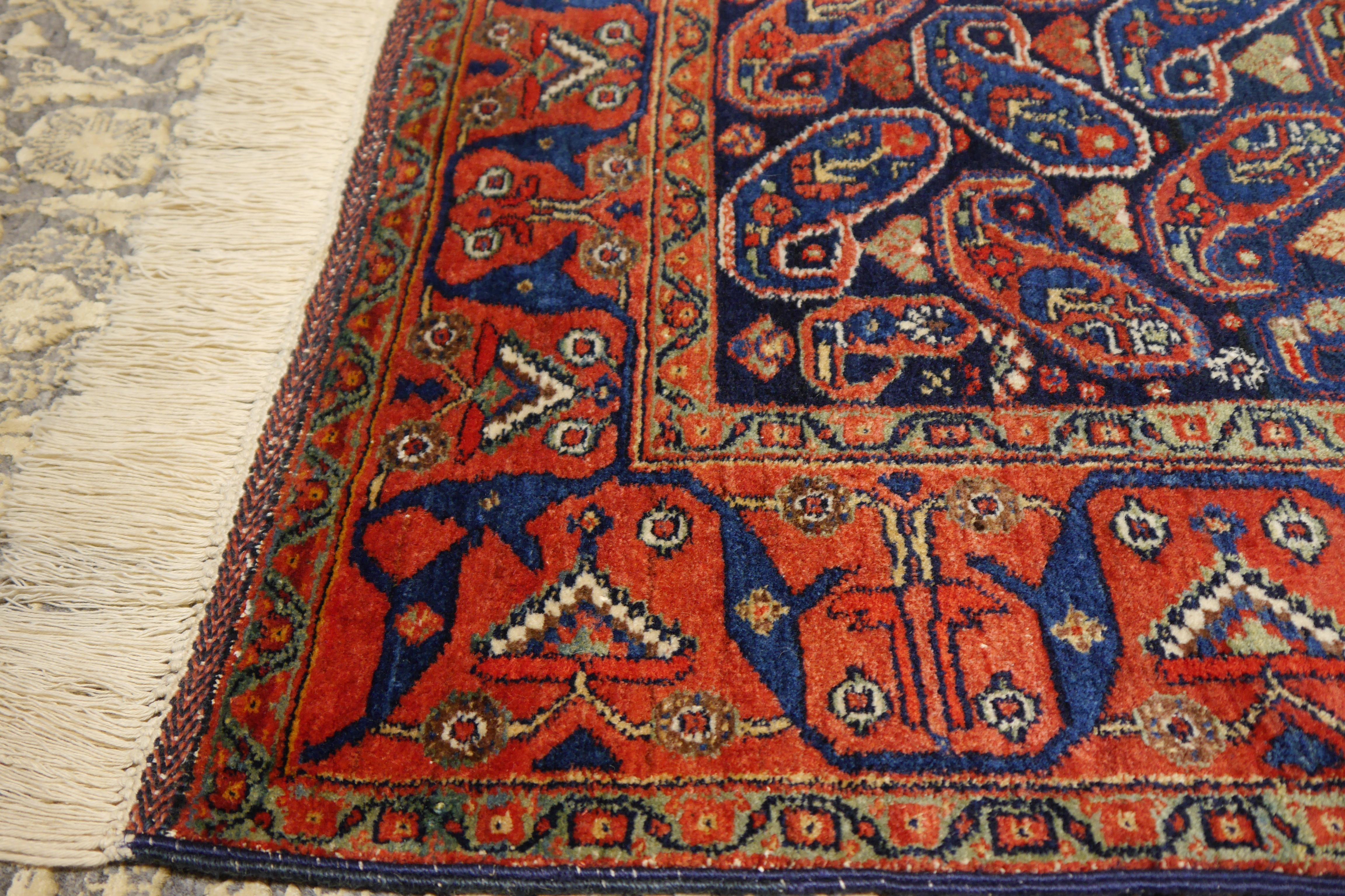Afshari antique rug  6.8 x 4.8 ft natural color Bothe design blue rust For Sale 6