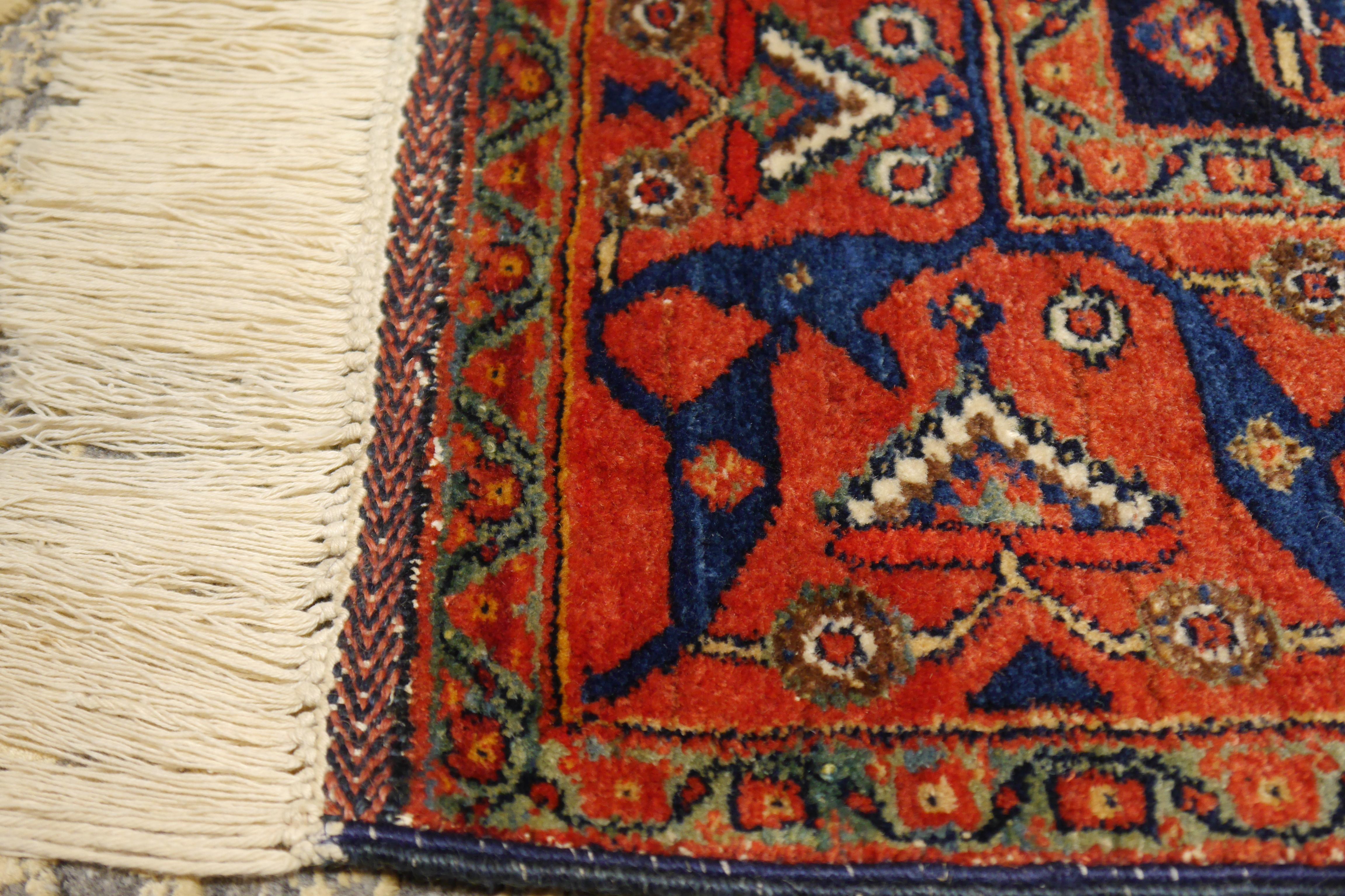 Azerbaijani Afshari antique rug  6.8 x 4.8 ft natural color Bothe design blue rust For Sale