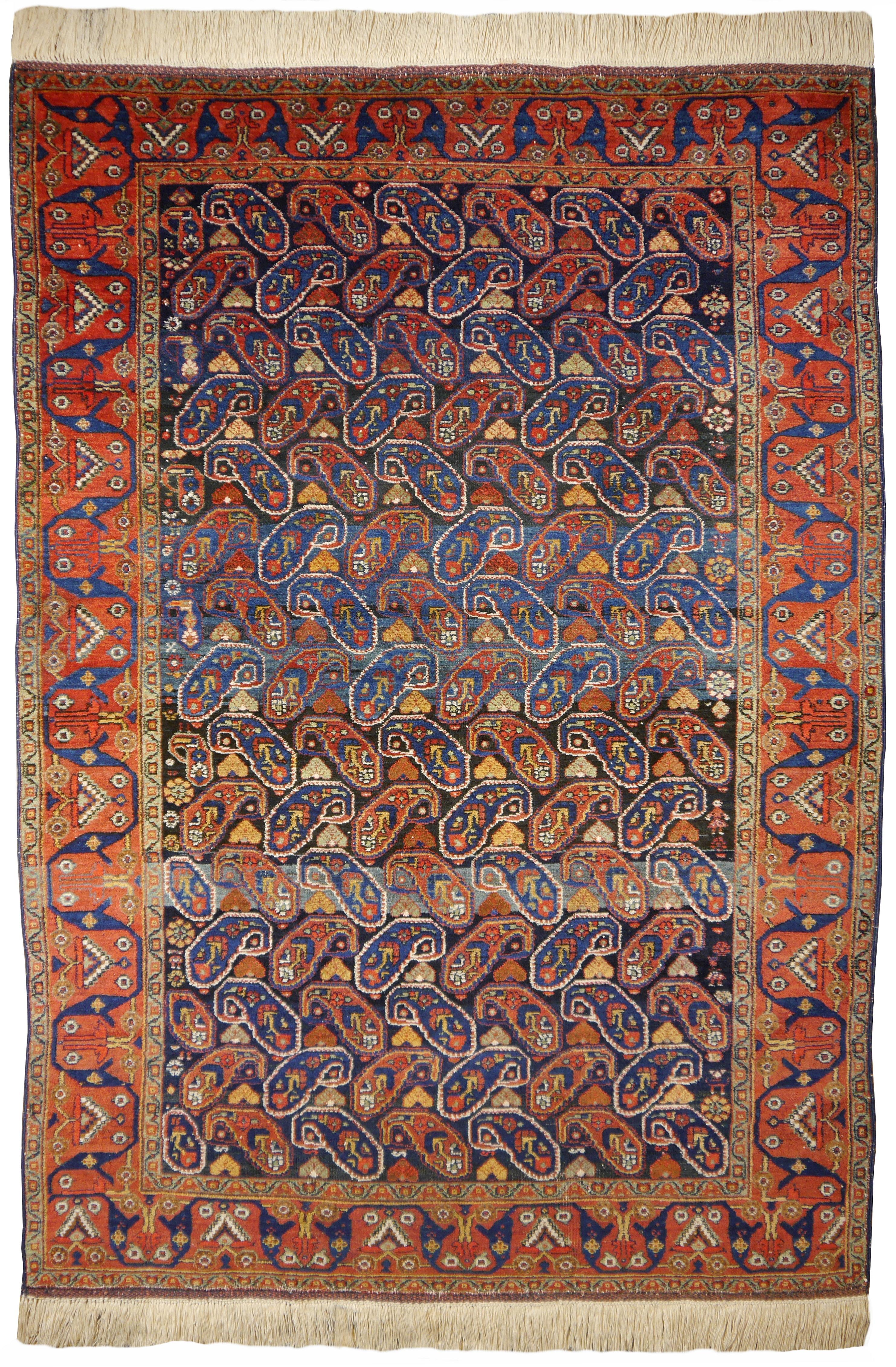 Hand-Knotted Afshari antique rug  6.8 x 4.8 ft natural color Bothe design blue rust For Sale