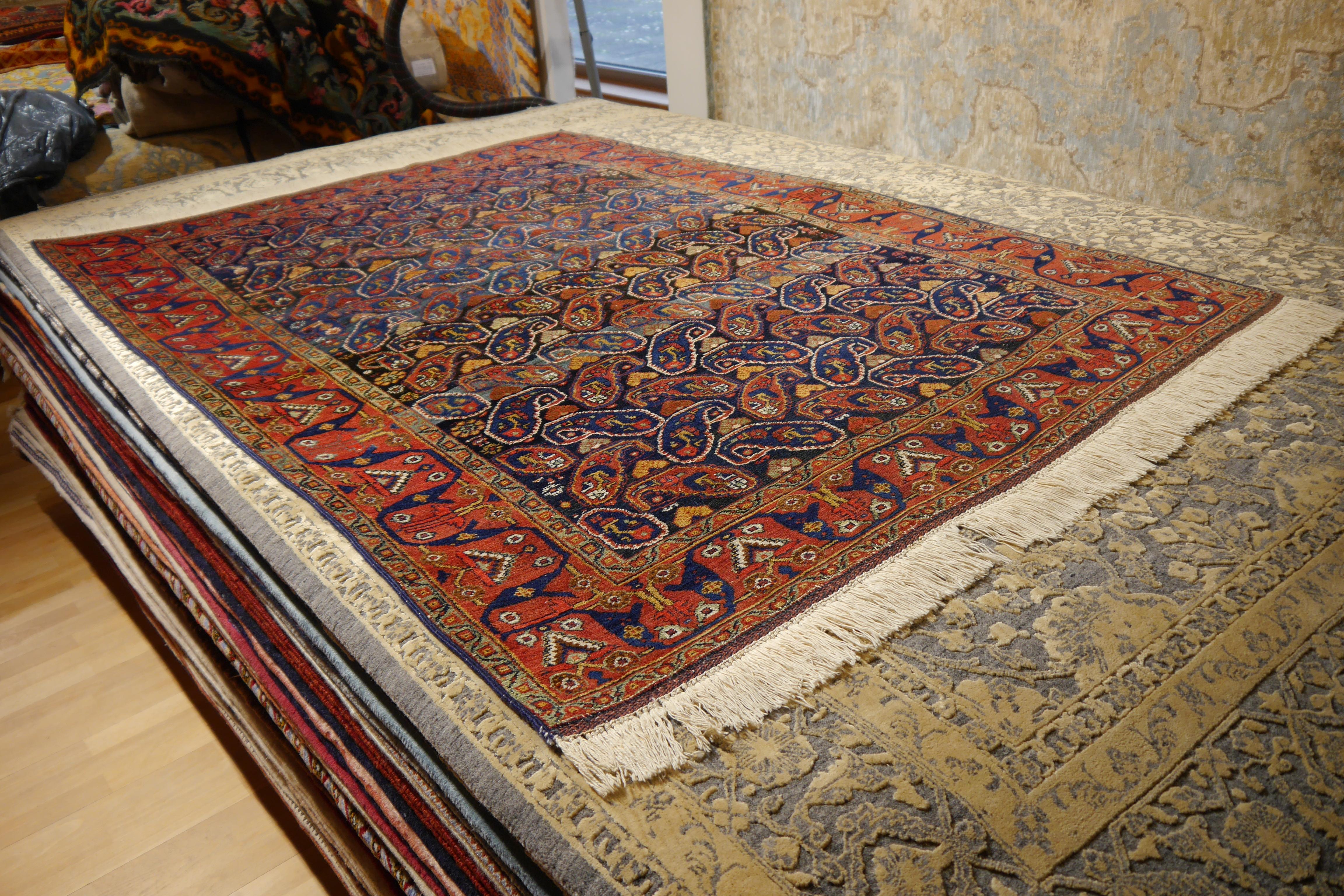 Afshari antique rug  6.8 x 4.8 ft natural color Bothe design blue rust For Sale 1