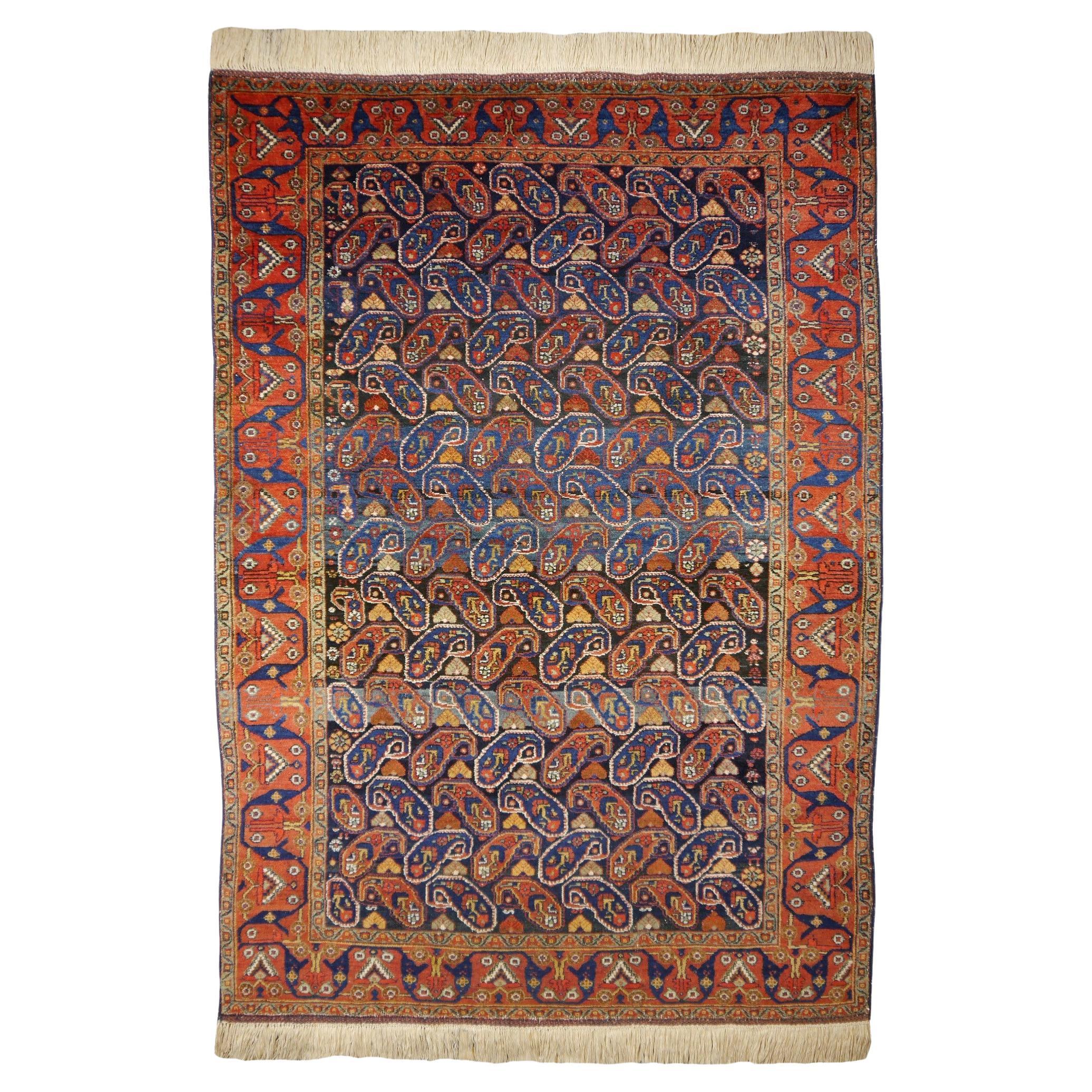 Afshari antique rug  6.8 x 4.8 ft natural color Bothe design blue rust For Sale