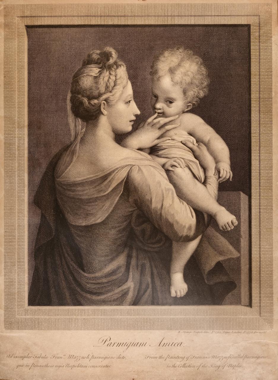 Parmigiani Amica: Eine Gravur und Radierung aus dem 18. Jahrhundert von Strange nach Mazzola – Print von (aft.) Parmigianino