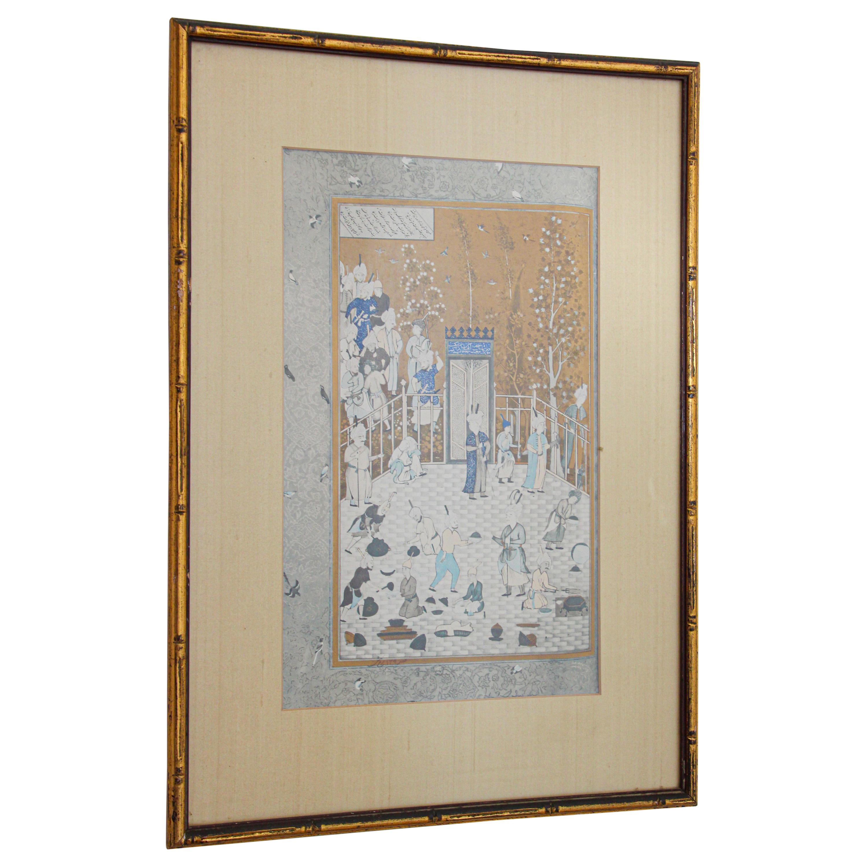Mughal print after a 16th century Indian hand painting in wood gilt frame.
Indian Mughal School, illuminated 
India Rajasthan Indian Mughal School, illuminated print, well framed.
Faded print watercolor.
Size: 20.5