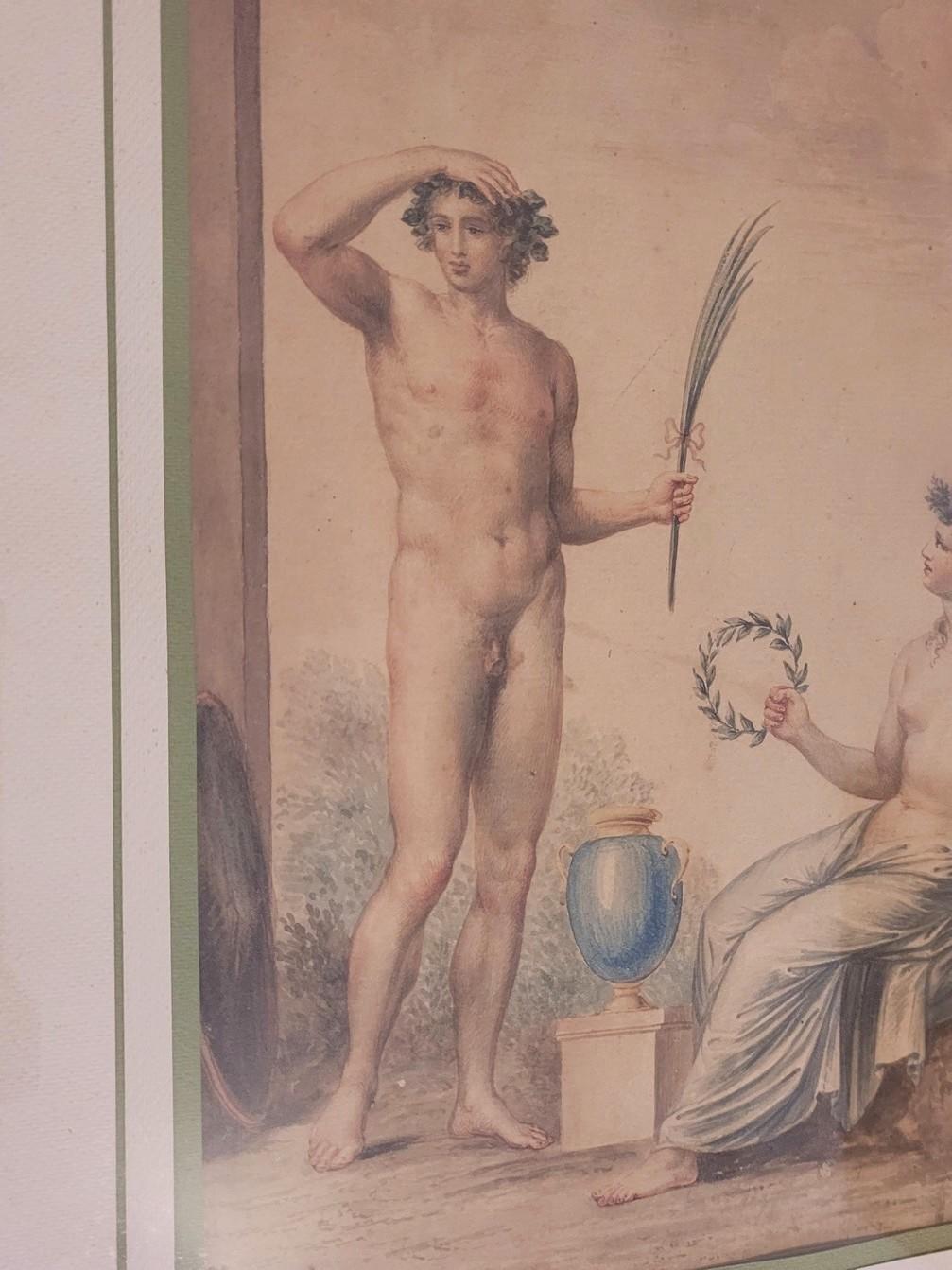 Dessin néoclassique encadré représentant une scène animée par des personnages, inspirée de décors antiques grecs ou romains

Dessin aquarellé encadré dans le style d'Andrea Appiani (1754-1817)
Issu d'une famille modeste, l'artiste commence ses