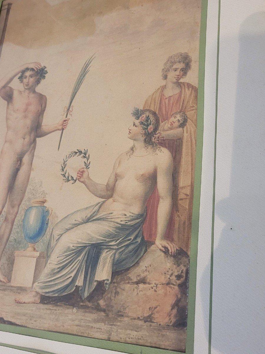 Dessin néoclassique encadré représentant une scène animée par des personnages, inspirée de décors antiques grecs ou romains

Dessin aquarellé encadré dans le style d'Andrea Appiani (1754-1817)
Issu d'une famille modeste, l'artiste commence ses