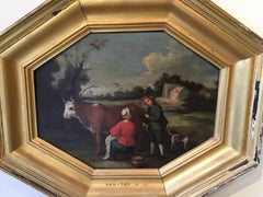 17th Century Dutch Oil Painting Milkmaid Milking a Cow in a Landscape