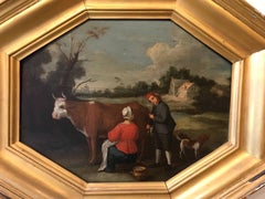 Peinture à l'huile néerlandaise du 17ème siècle représentant une sirène laiteuse allaitant une vache dans un paysage