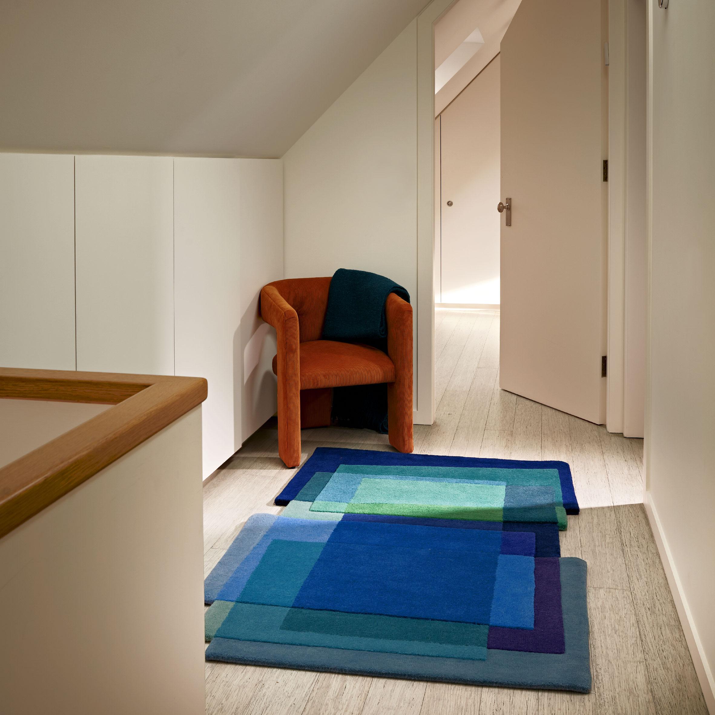 Modern After Albers Cornflower Blue Contemporary Irregular Rug Standard Size For Sale