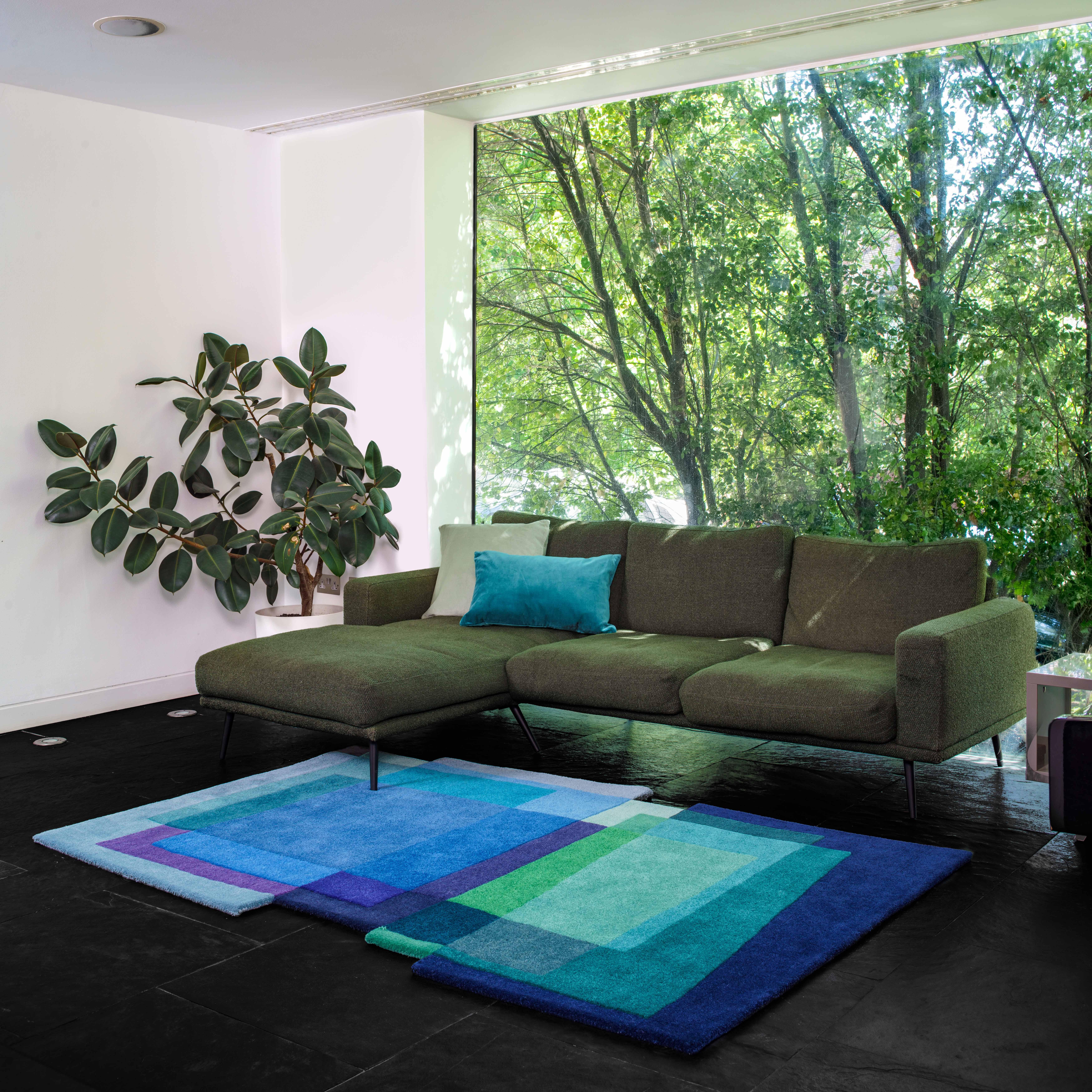 British After Albers Cornflower Blue Contemporary Irregular Rug Standard Size For Sale