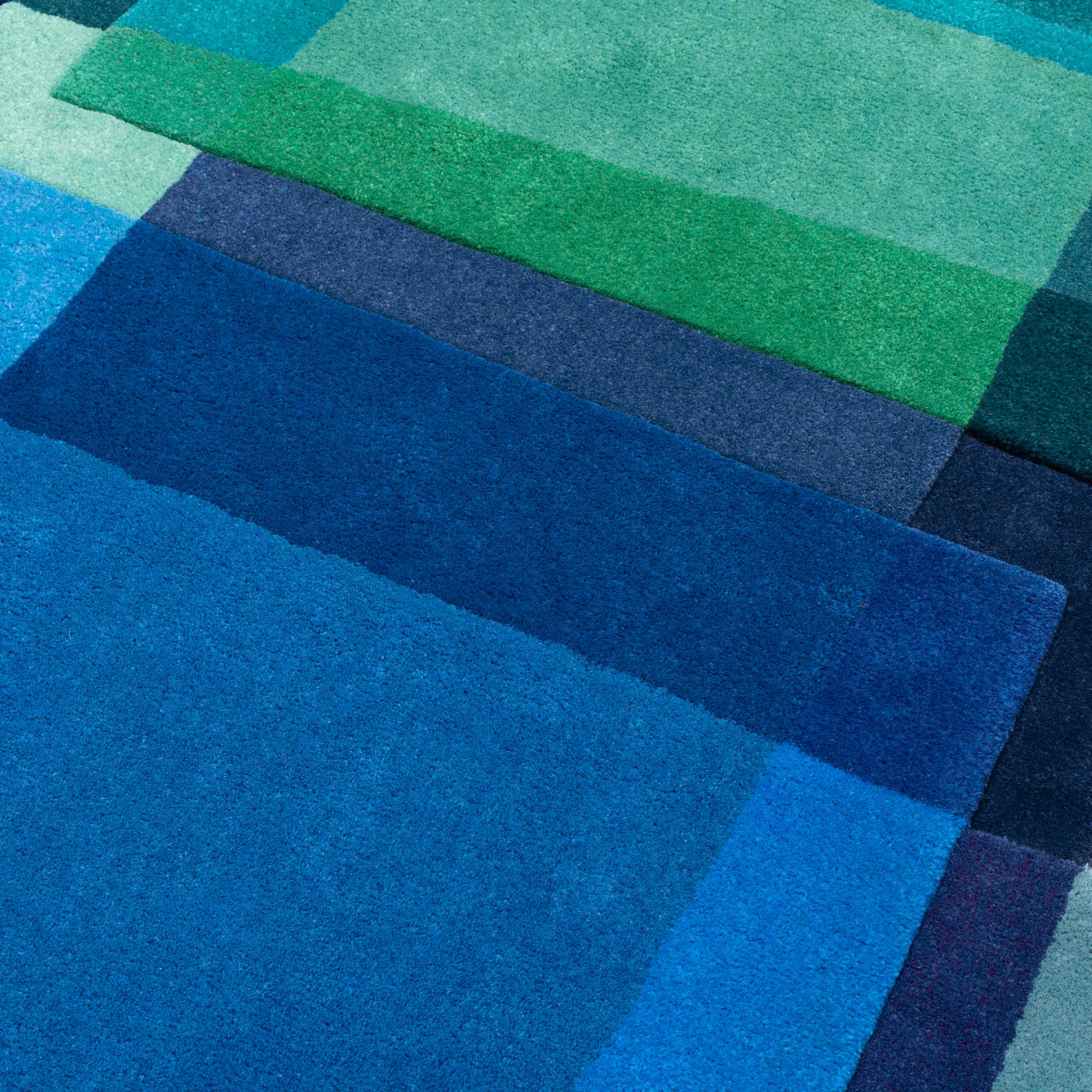 Hand-Crafted After Albers Cornflower Blue Contemporary Irregular Rug Standard Size For Sale