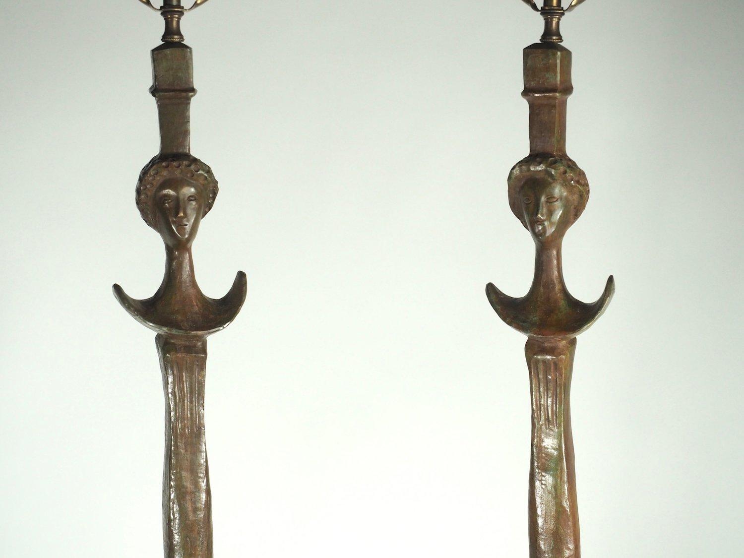 French, 20th century, pair of Tete de Femme bronze floor lamps after a model by Alberto Giacometti for Jean-Michel Frank.