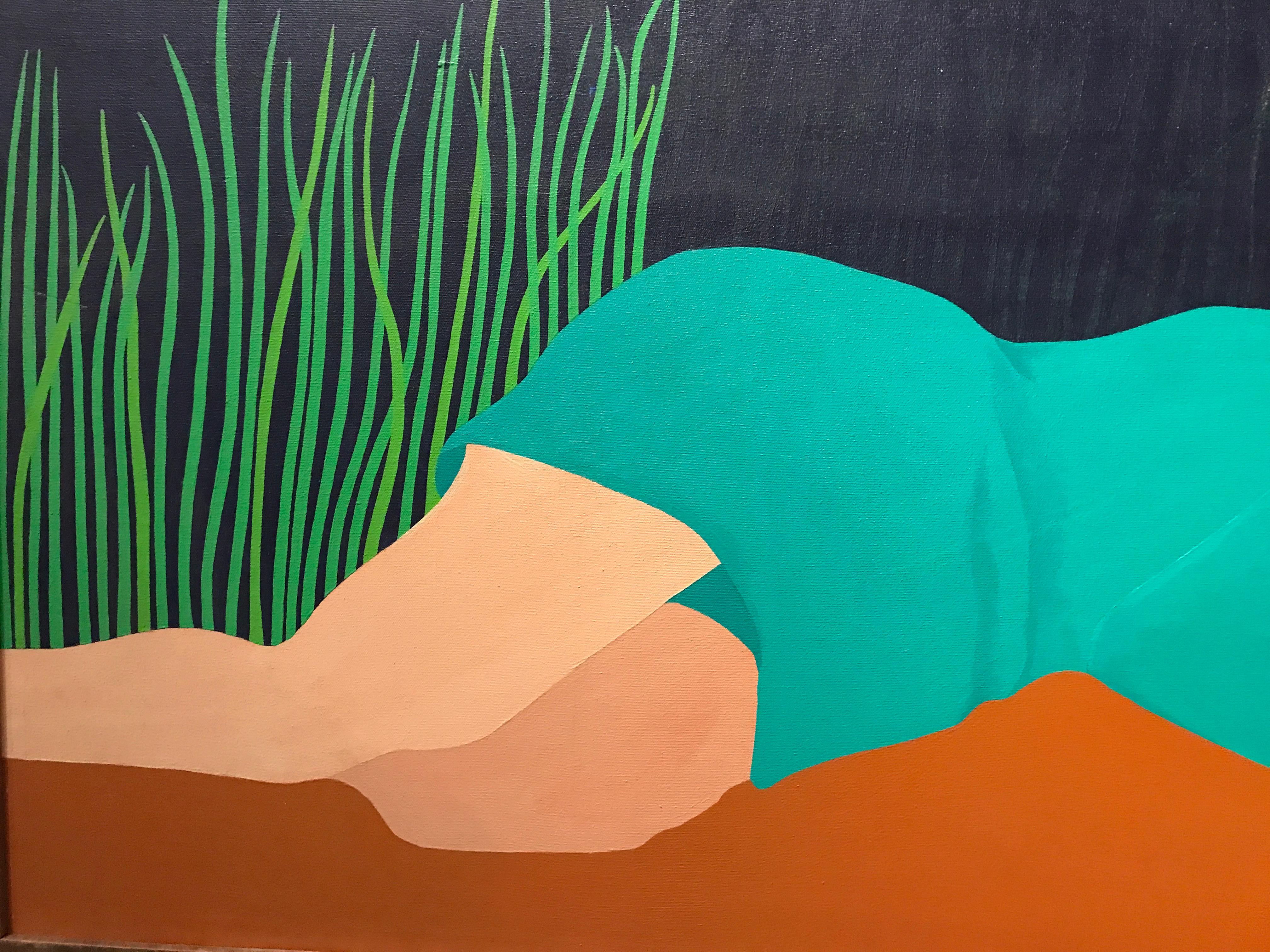 Schönes Ölgemälde einer schlafenden Frau im Schilf.  Alex Katz zugeschrieben.  Maße 28,5