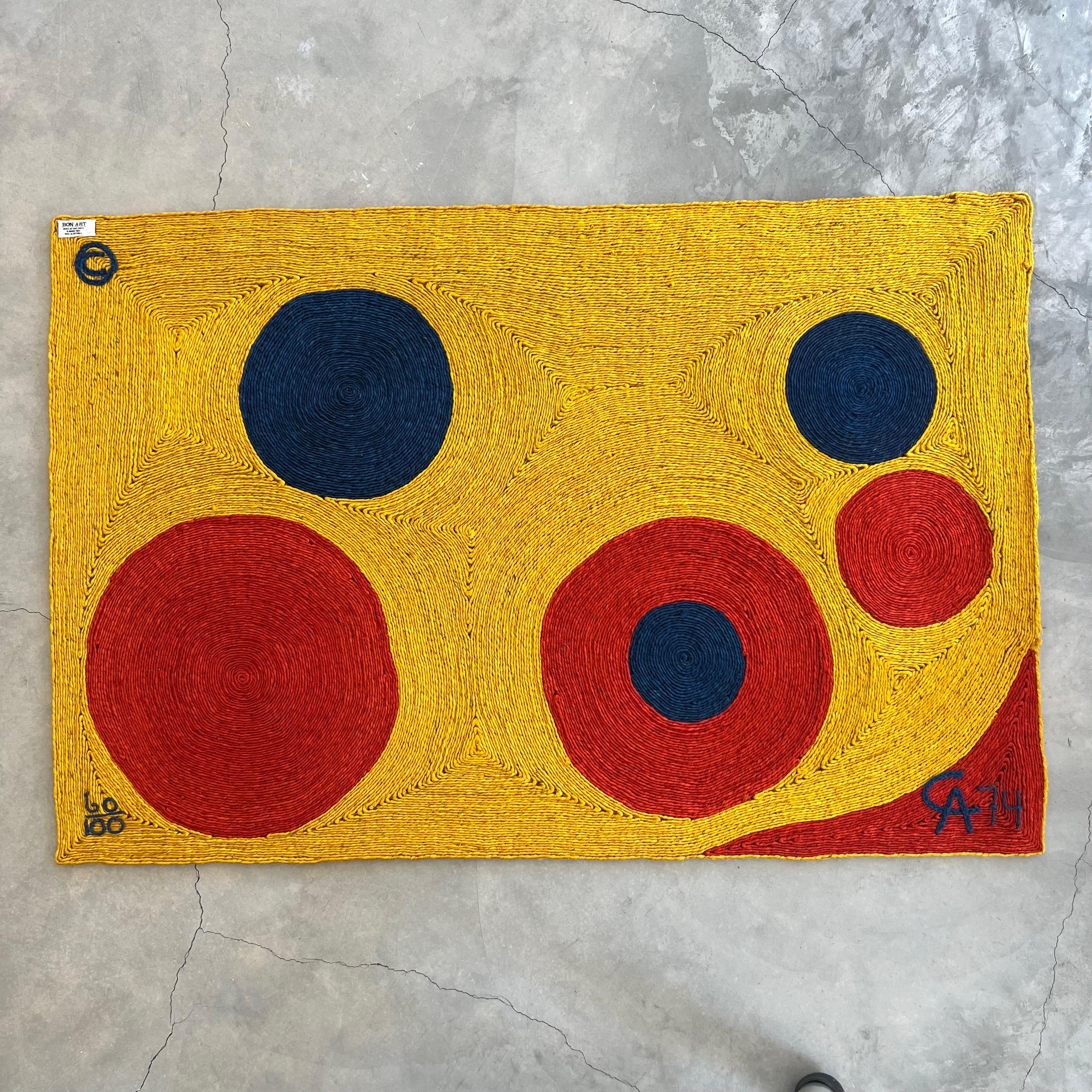 Extremely rare Alexander Calder jute tapestry. This is the 'Sun' design tapestry. Made in Guatemala, in 1974. Bon Art fabric label to upper left reads 