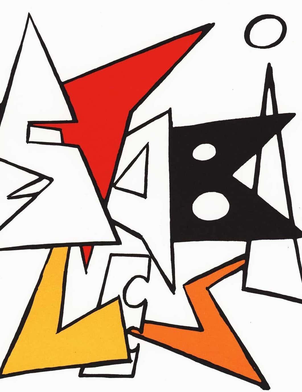 Alexander Calder Couverture lithographique c. 1963 de Derrière le miroir :

Page de couverture lithographique en couleurs ; 11 x 15 pouces.
Très bon état général vintage.
Non signé d'une édition d'inconnus avec des couleurs vives et nettes.
Publié