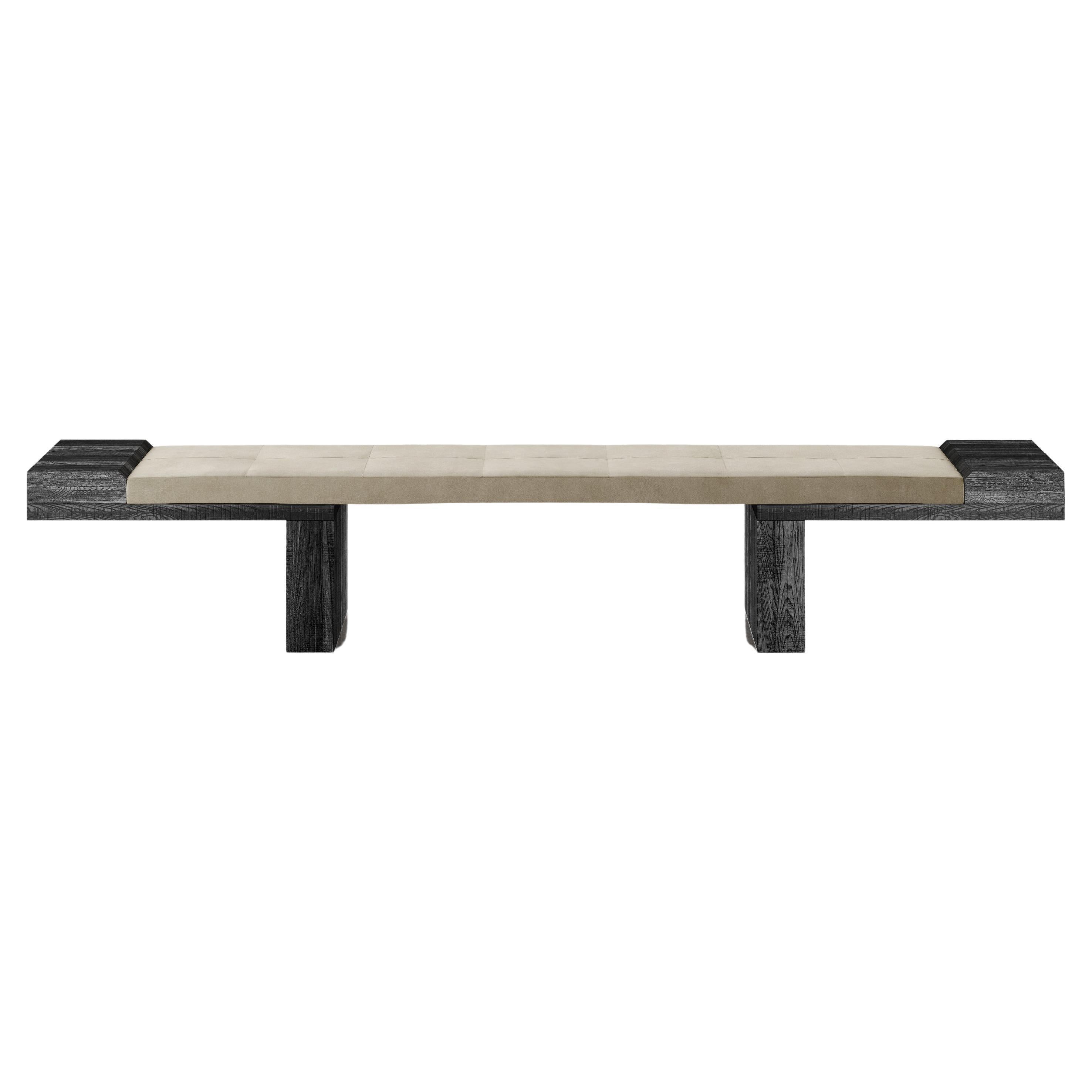 After All bench in black fir wood and beige aniline Leather