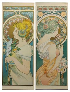 Vintage (after) Alphonse Mucha -- Primrose & Feather, Set of 2