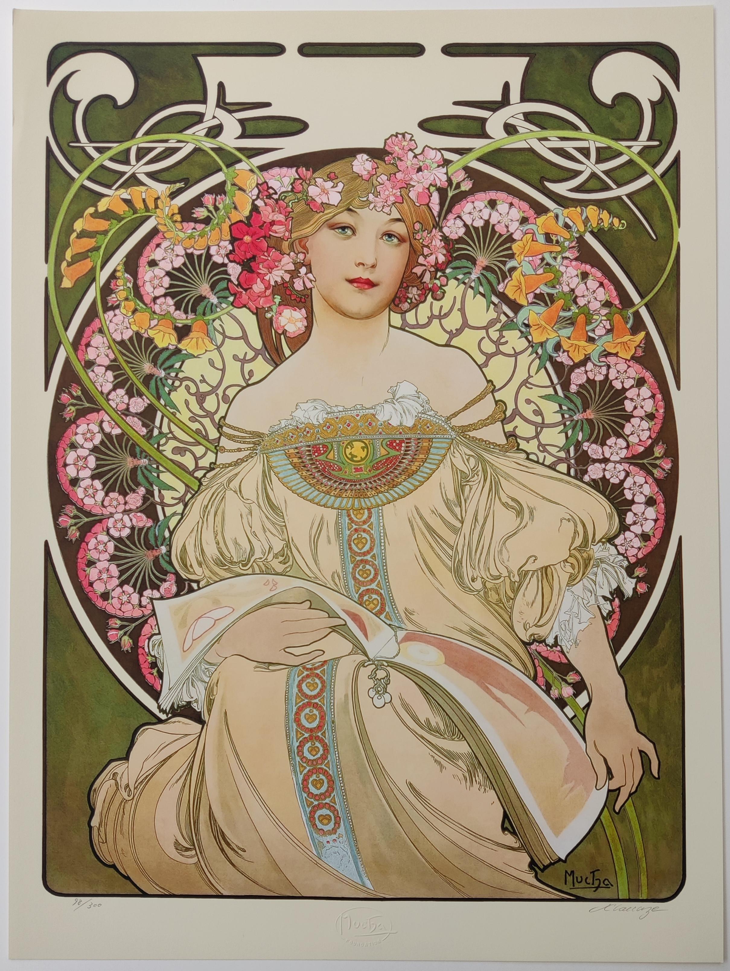(after) Alphonse Mucha
Reverie 
Reproduction Colour Lithograph of Original, From Mucha Foundation
60 x 44 cm
Embossed Mucha Foundation lower middle
Edition 98/300
Signed by the printer in pencil lower right

