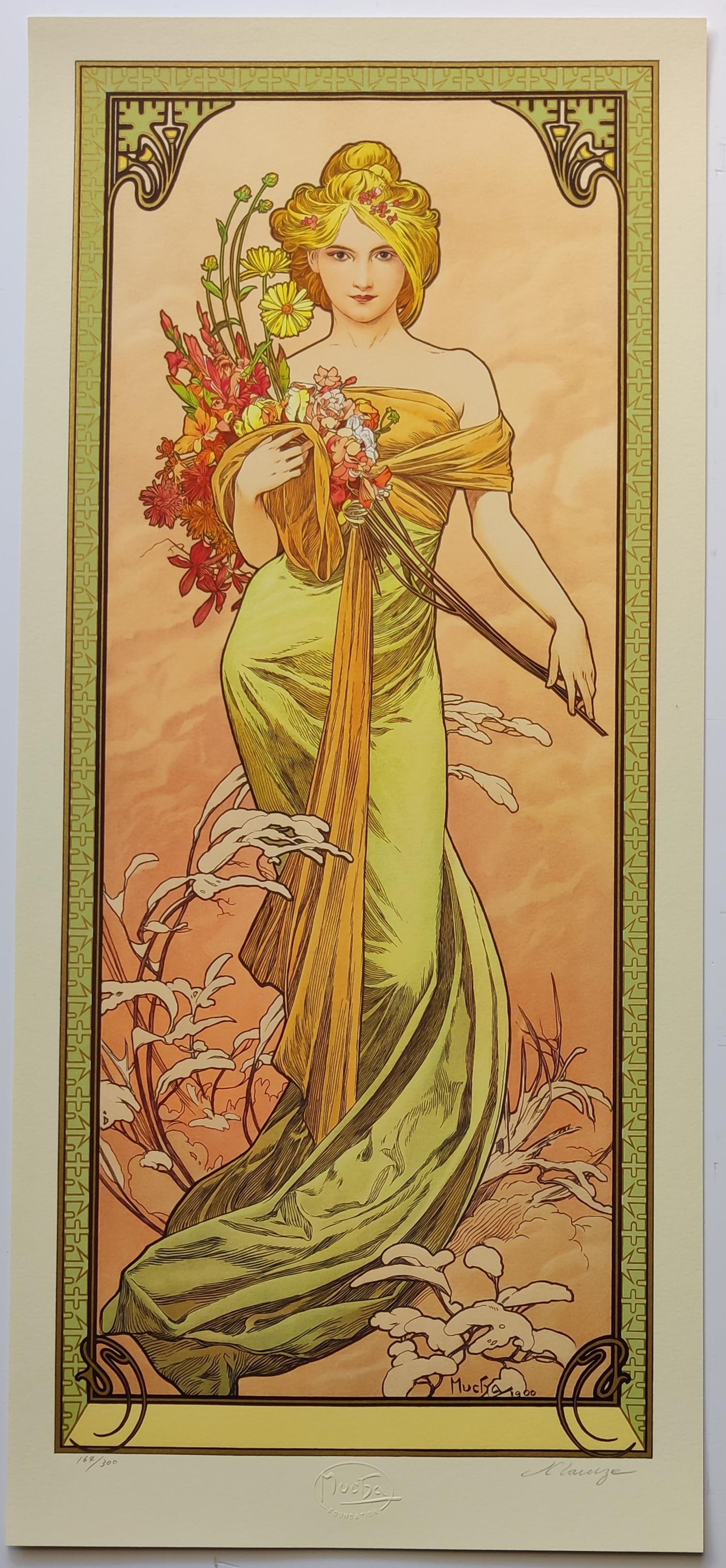 (after) Alphonse Mucha
Le stagioni, set da 4
Riproduzione di litografia a colori dell'originale, dalla Fondazione Mucha
68 x 35 cm
Fondazione Mucha in rilievo in basso al centro
Edizione 164/300, 150/300, 109/300, 111/300
Firmato dallo stampatore a