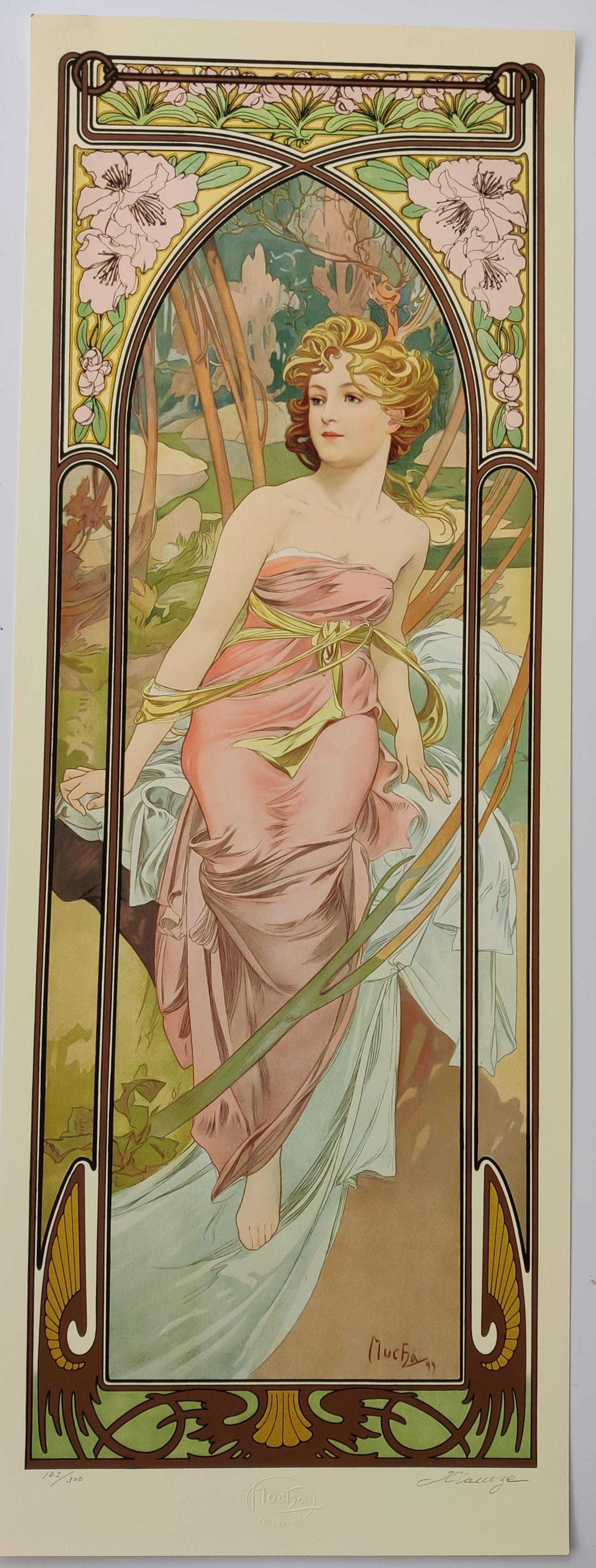(après) Alphonse Mucha
Les heures du jour, set de 4
Reproduction d'une lithographie en couleur de l'original, de la Fondation Mucha
29.5 x 80 cm
Fondation Mucha en relief en bas au milieu
Edition 185/300, 169/300, 168/300, 206/300
Signé par