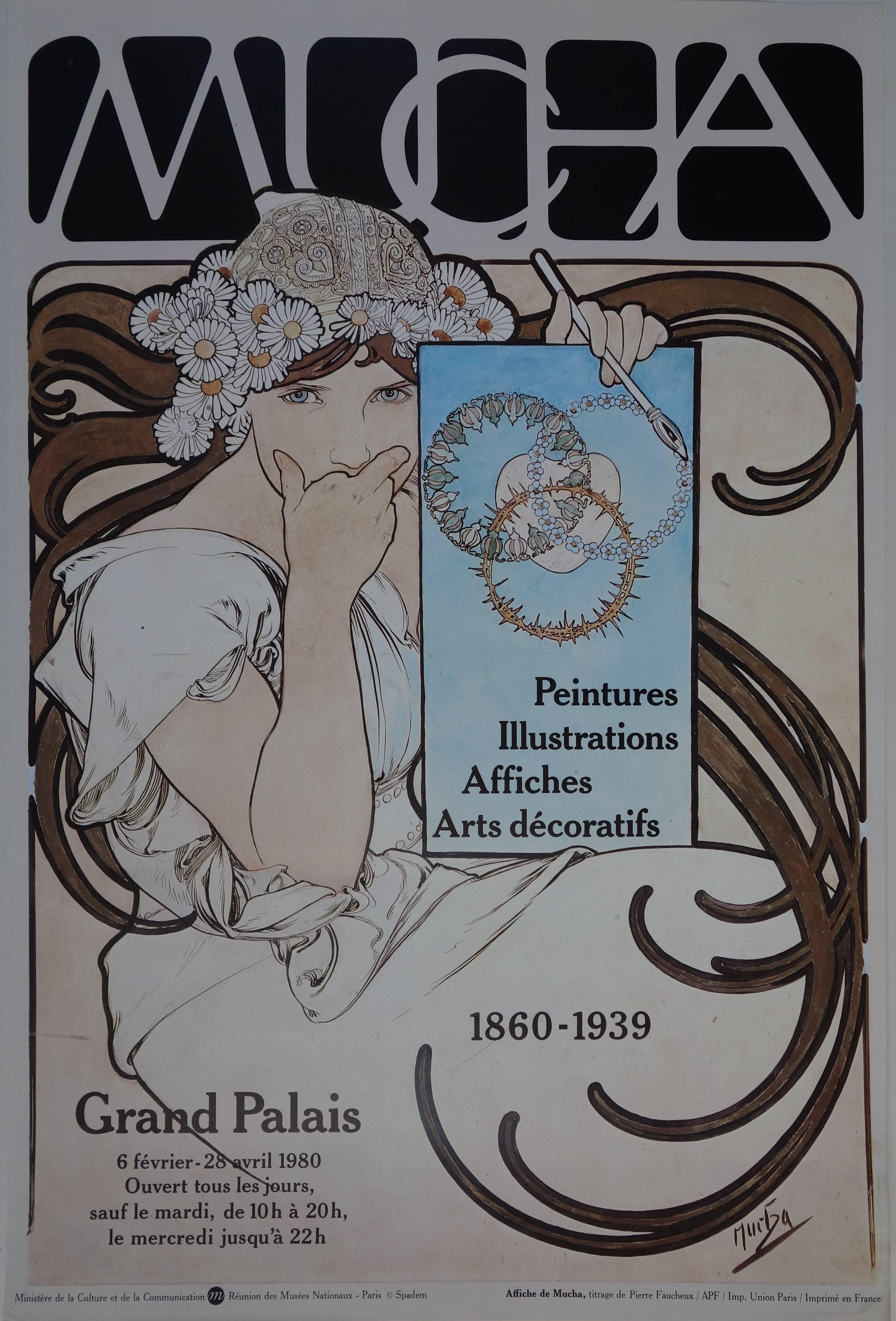 (after) Alphonse Mucha Figurative Print - MUCHA, Art Deco - Vintage Exhibition Poster - Grand Palais, Paris 1980