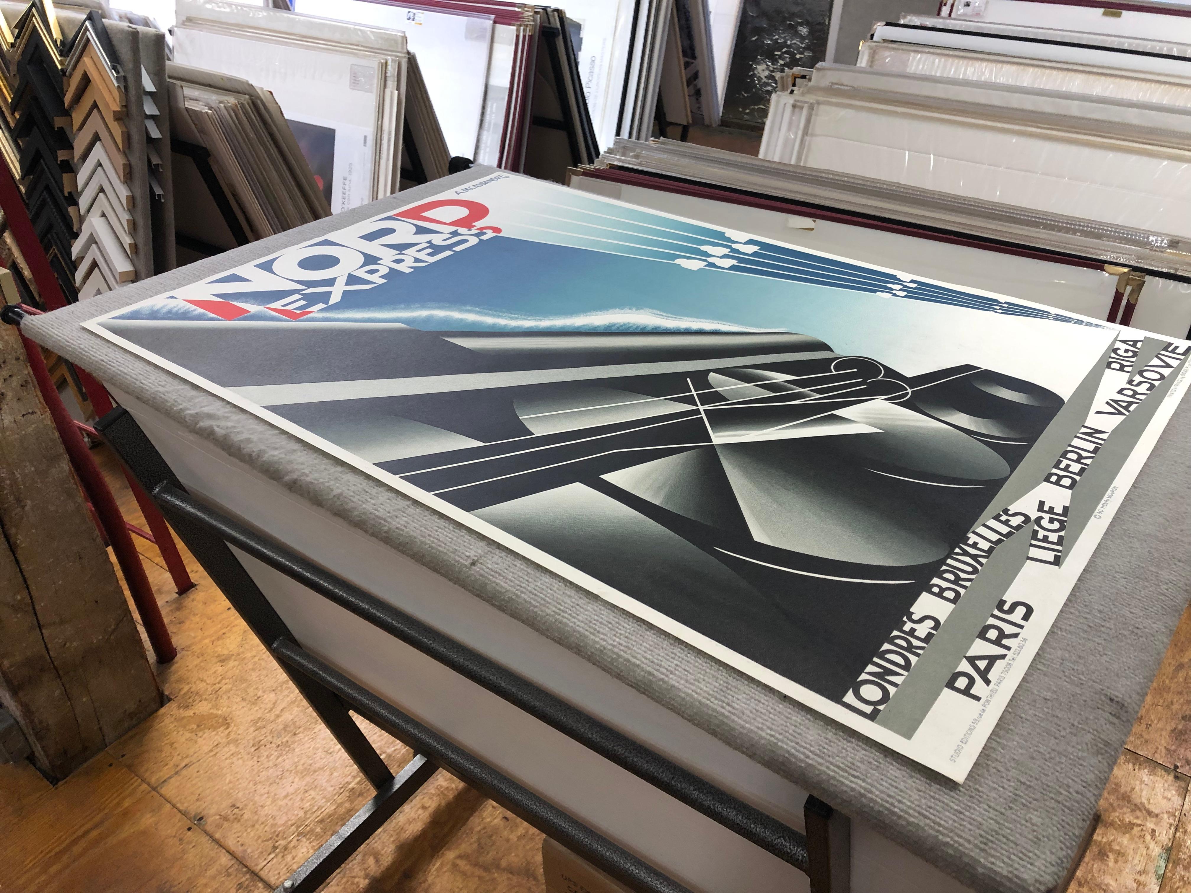 Experience a piece of art history with this second edition stone lithograph of the iconic Nord Express advertisement created by A.M. Cassandre. Originally produced in the late 20th century, this meticulously crafted reproduction captures the essence