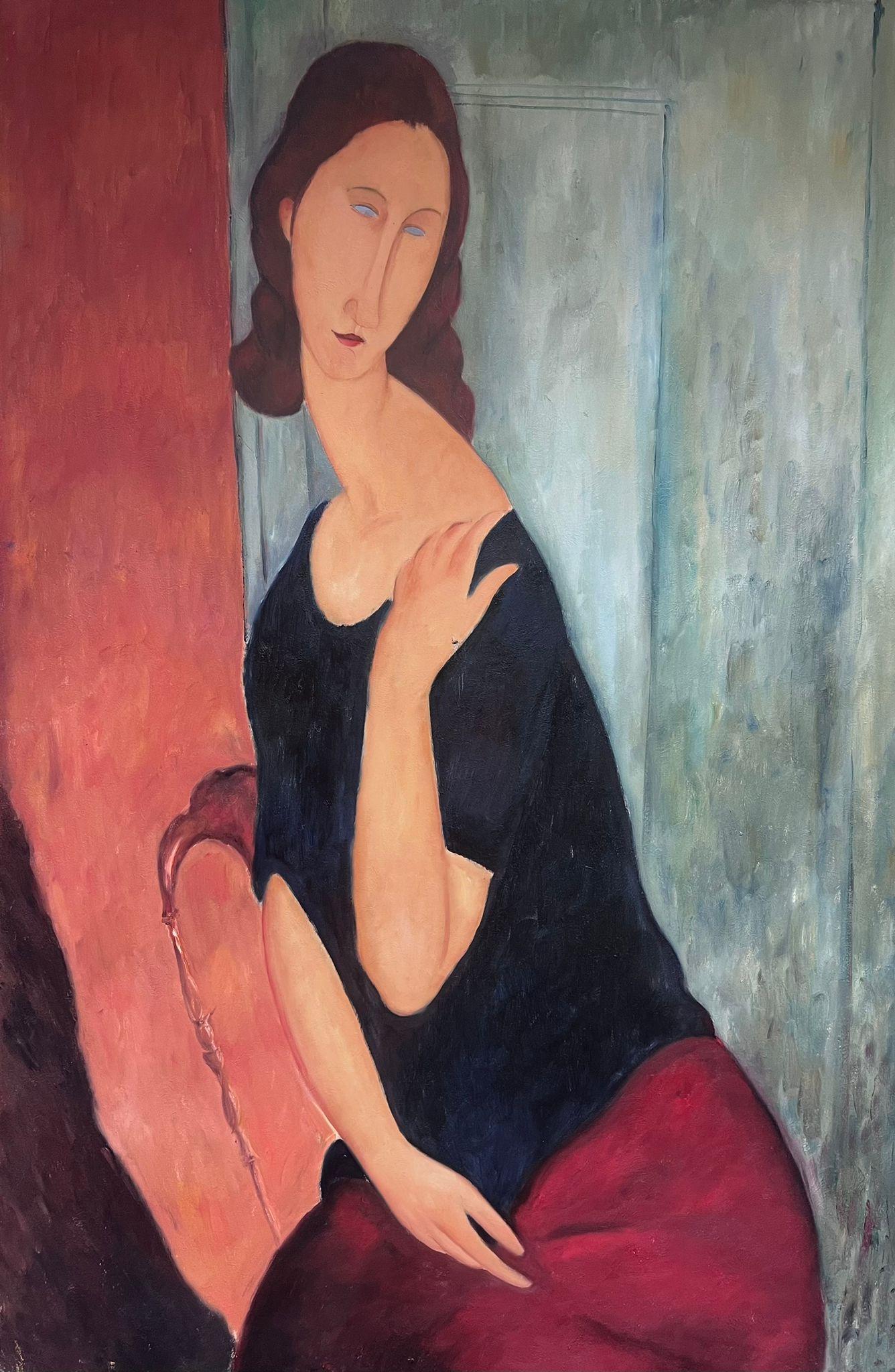 After Amedeo Modigliani Portrait Painting – Großes Porträt einer Dame nach Modigliani, Ölgemälde auf Leinwand