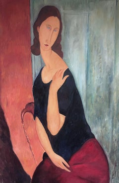 Grand portrait d'une femme d'après Modigliani, peinture à l'huile sur toile