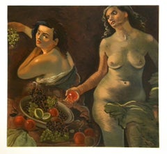 Vintage "Deux femmes nues et nature morte" lithograph