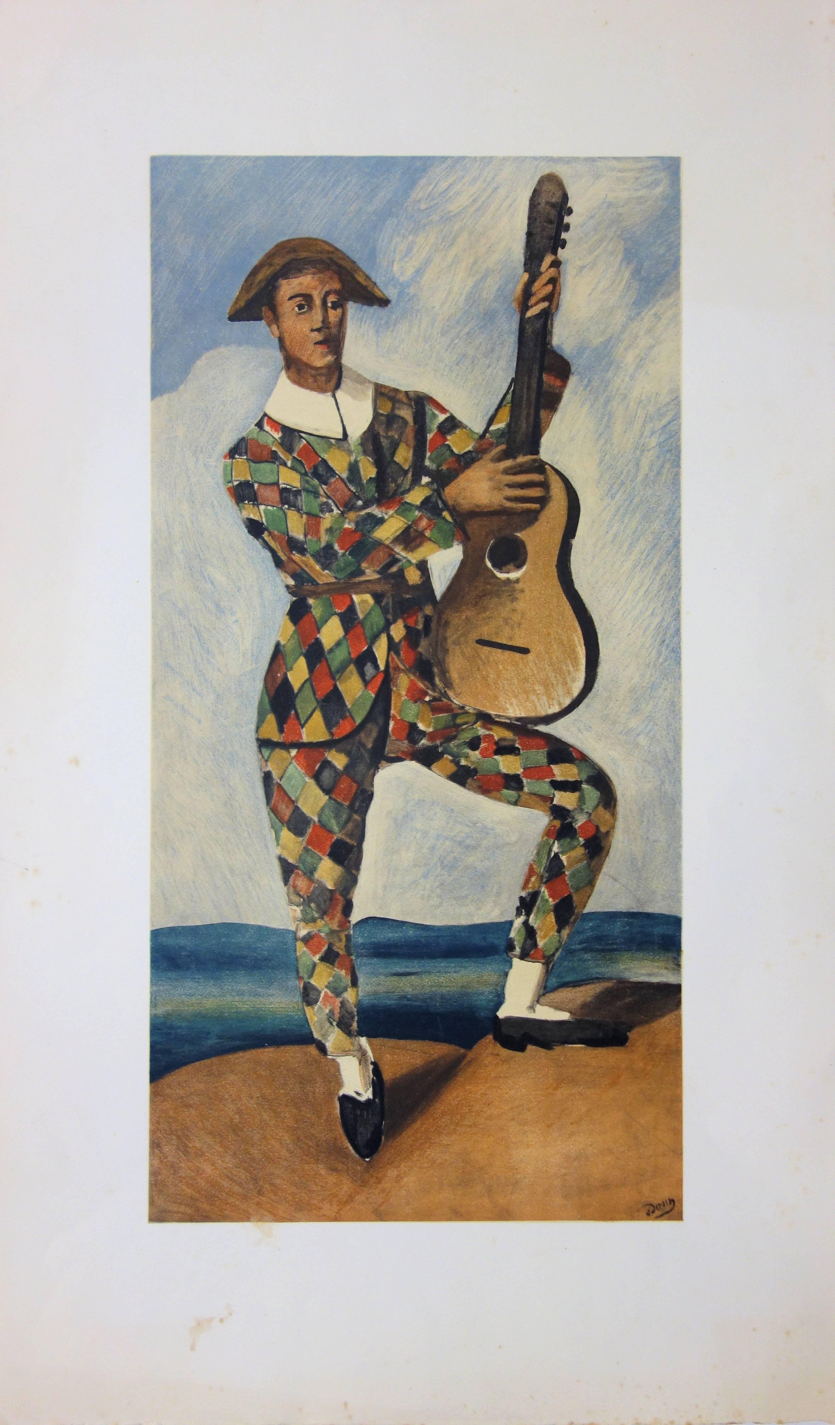 Omaggio a Picasso : Musicista Arlecchino - Litografia - 1950 ca. - Print Moderno di (after) André Derain