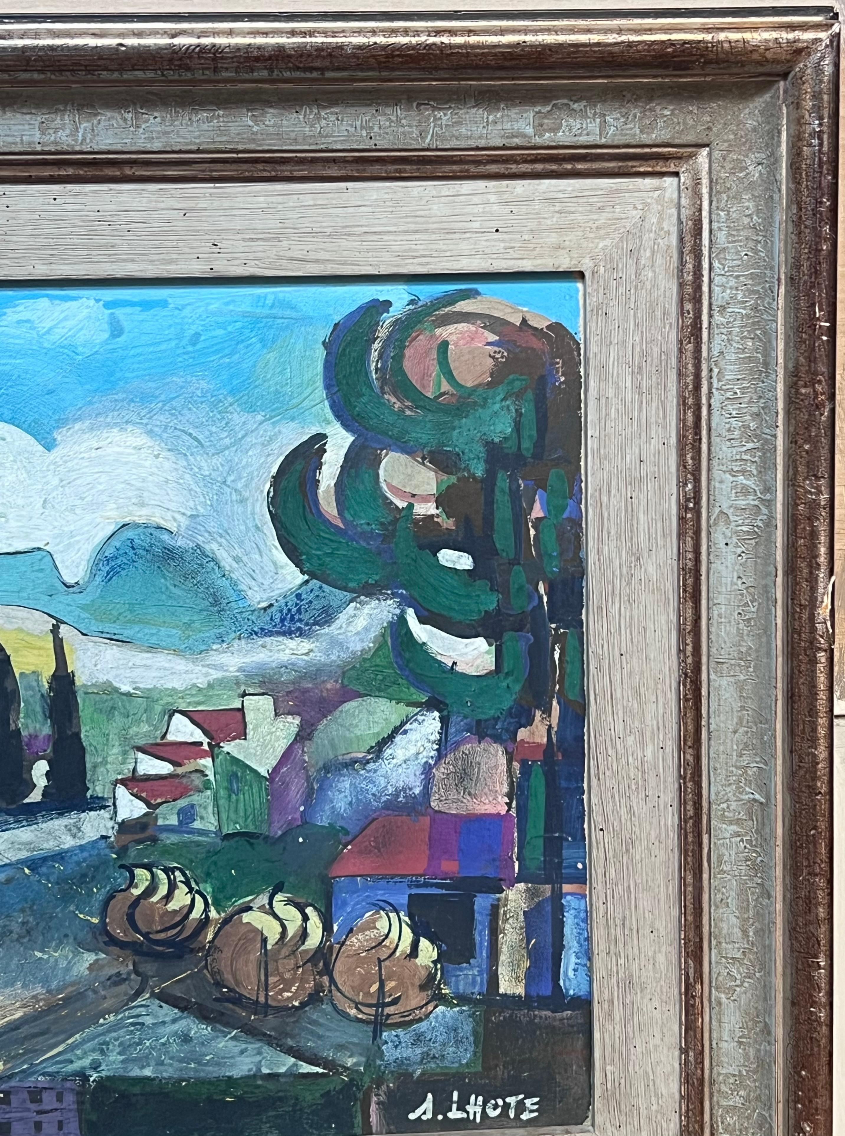 Große französische modernistische provenzalische Landschaftslandschaft kubistische Dorfhäuser des 20. Jahrhunderts – Painting von after Andre Lhote