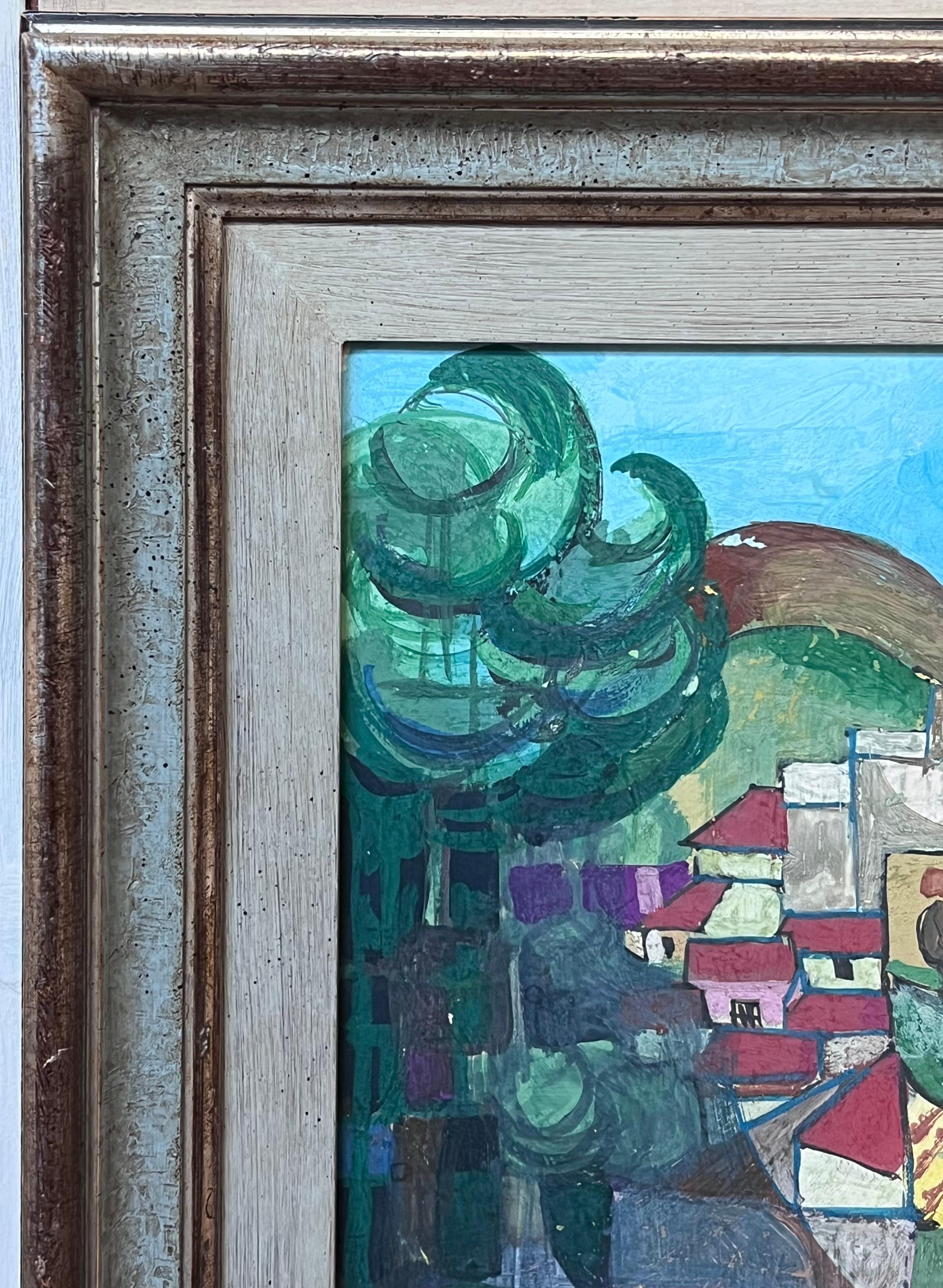 Große französische modernistische provenzalische Landschaftslandschaft kubistische Dorfhäuser des 20. Jahrhunderts (Grau), Abstract Painting, von after Andre Lhote