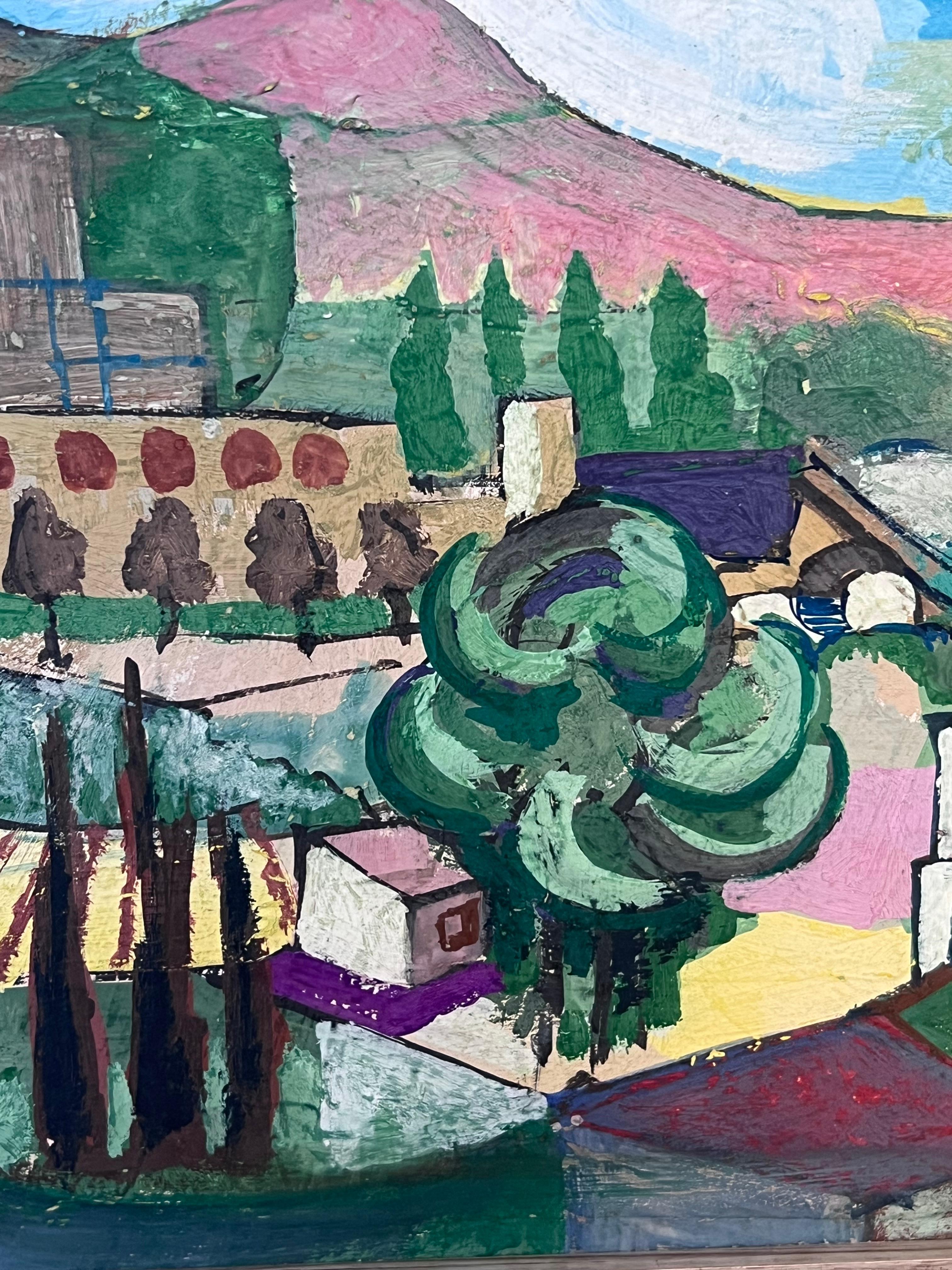 Große französische modernistische provenzalische Landschaftslandschaft kubistische Dorfhäuser des 20. Jahrhunderts im Angebot 1