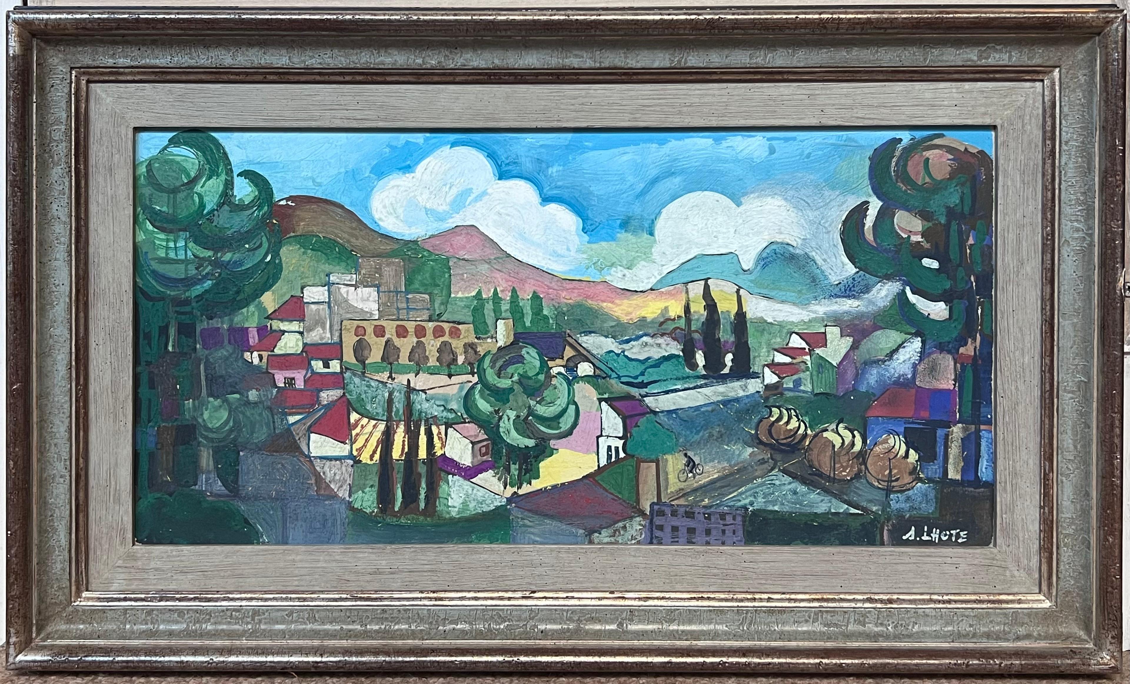 after Andre Lhote Abstract Painting – Große französische modernistische provenzalische Landschaftslandschaft kubistische Dorfhäuser des 20. Jahrhunderts