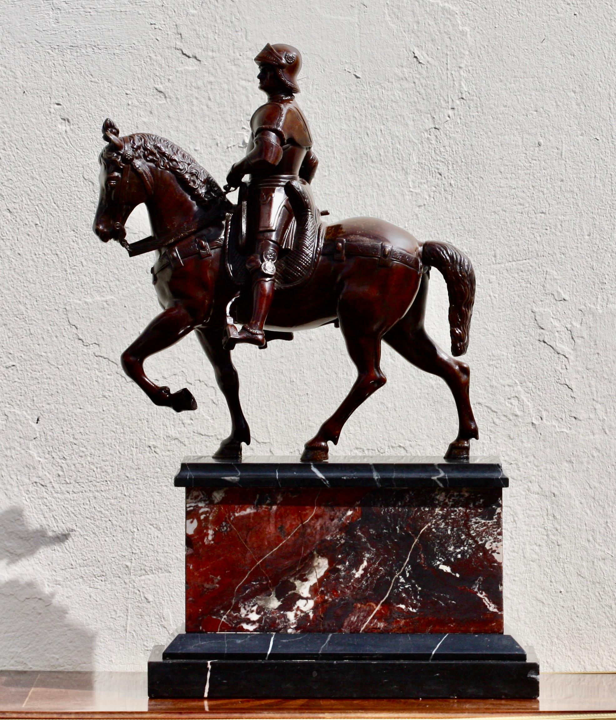 After Andrea del Verrocchio
A bronze equestrian group of Colleone,
late 19th-early 20th century
brown patina, finely cast and chiseled,
on a black and Verde antico marble base
Measures: Height 21.65 in. (55 cm.) including base, depth 6.5 in.